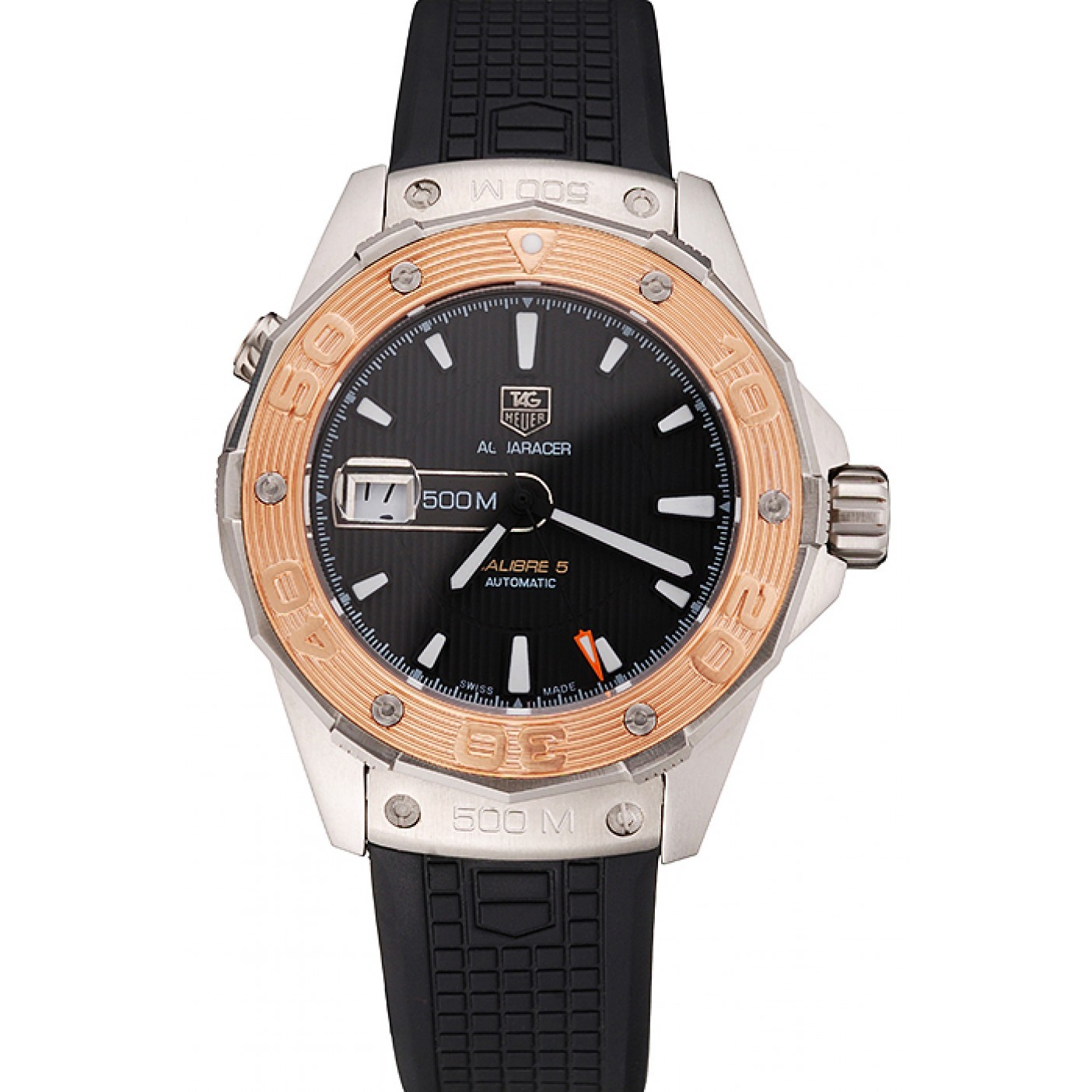 MiroTime Swiss Tag Heuer Aquaracer Calibre 5 Black Dial Gold Bezel Stainless Steel Case Black Rubber Strap