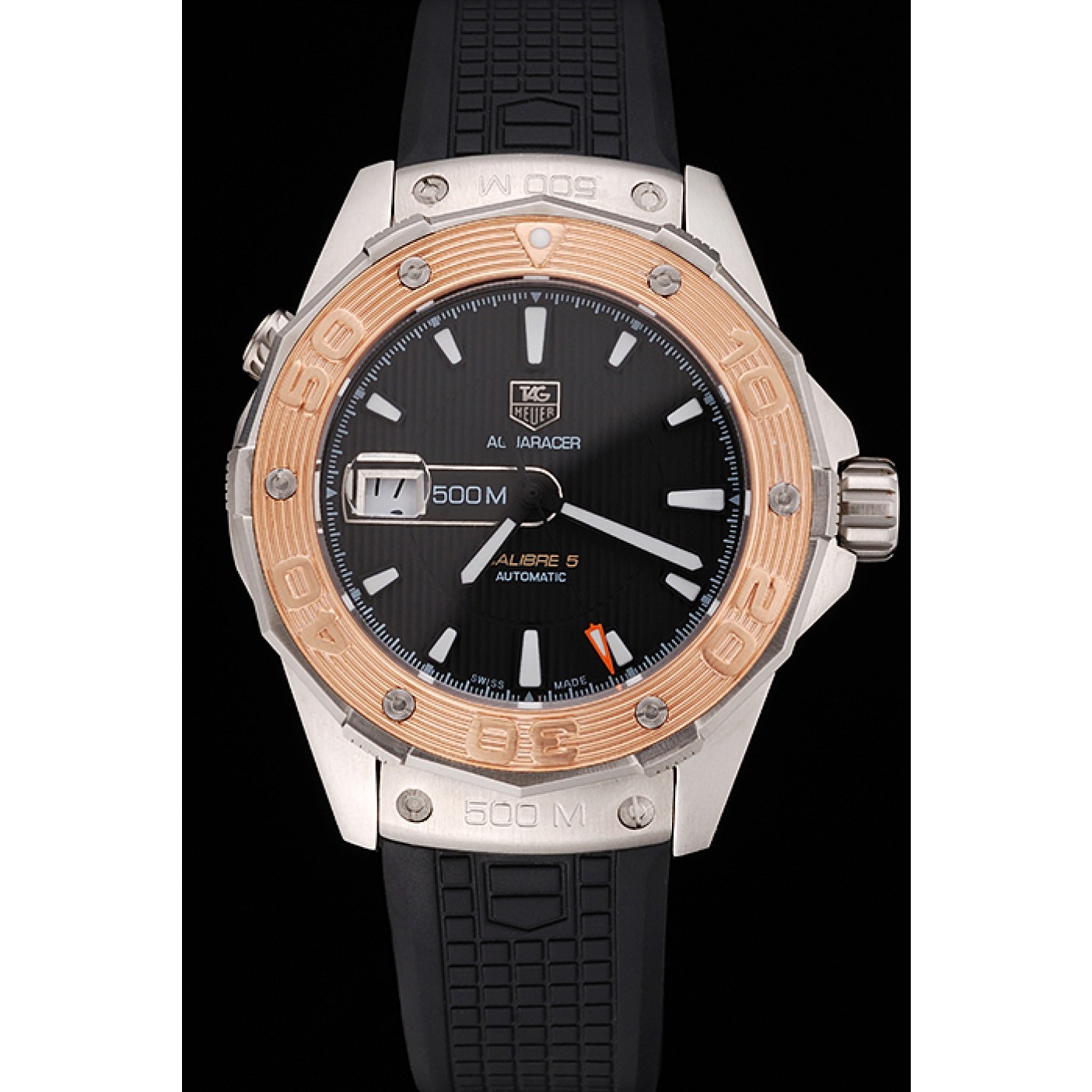 MiroTime Swiss Tag Heuer Aquaracer Calibre 5 Black Dial Gold Bezel Stainless Steel Case Black Rubber Strap