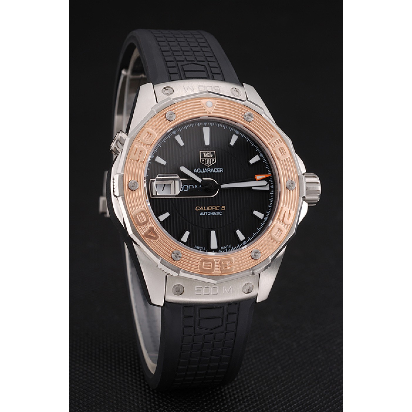 MiroTime Swiss Tag Heuer Aquaracer Calibre 5 Black Dial Gold Bezel Stainless Steel Case Black Rubber Strap