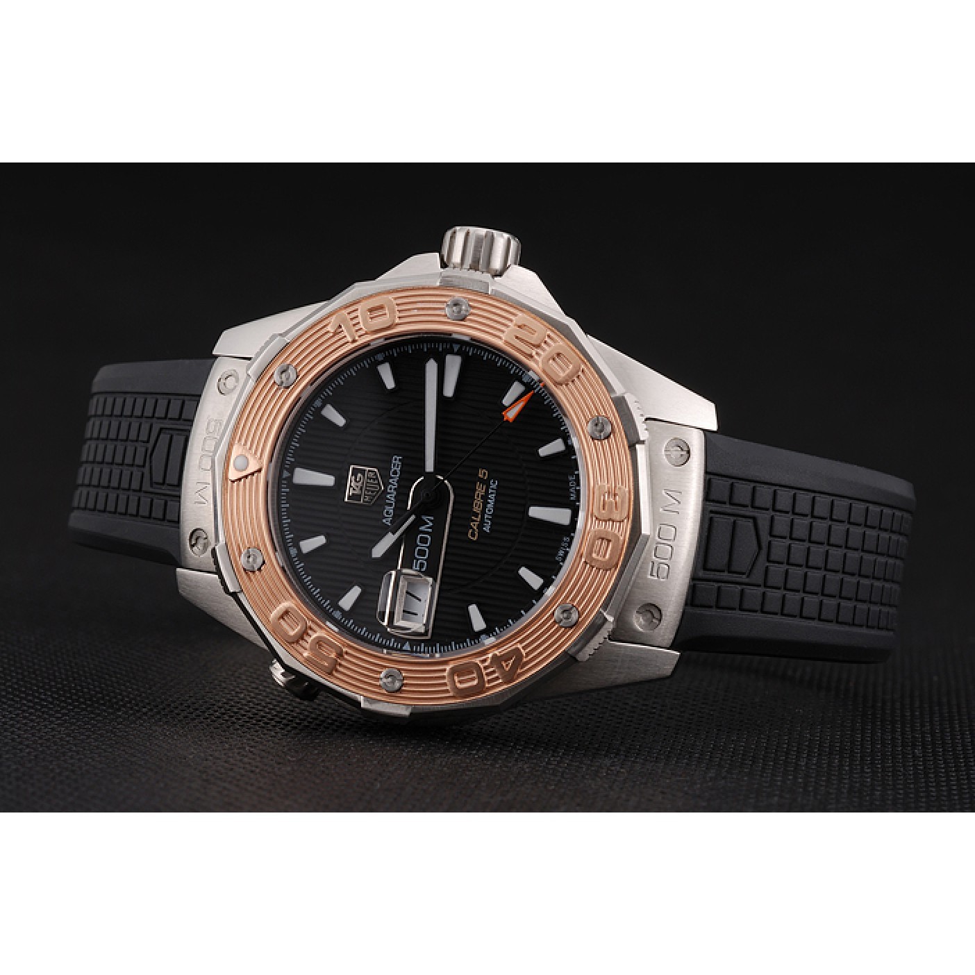 MiroTime Swiss Tag Heuer Aquaracer Calibre 5 Black Dial Gold Bezel Stainless Steel Case Black Rubber Strap