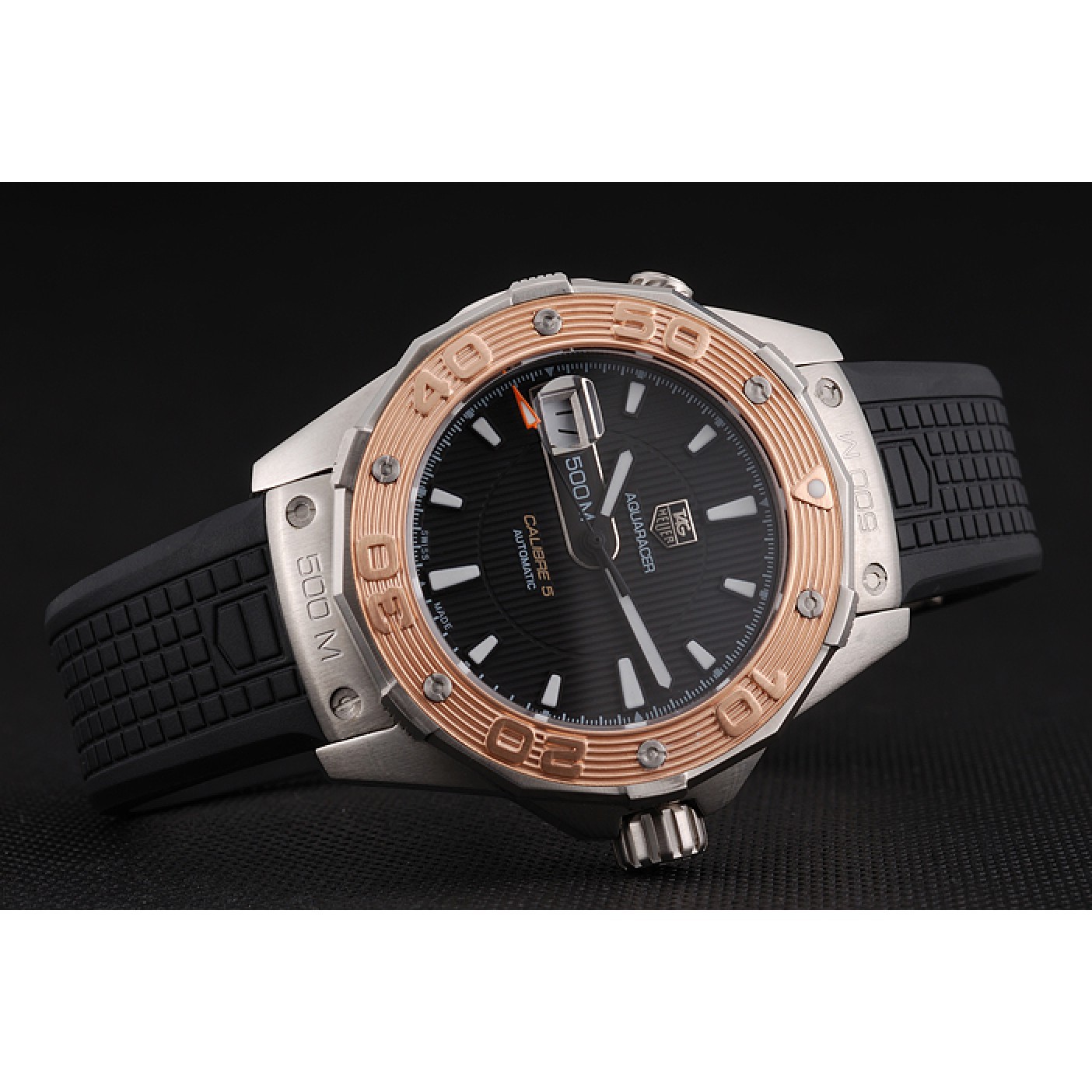 MiroTime Swiss Tag Heuer Aquaracer Calibre 5 Black Dial Gold Bezel Stainless Steel Case Black Rubber Strap