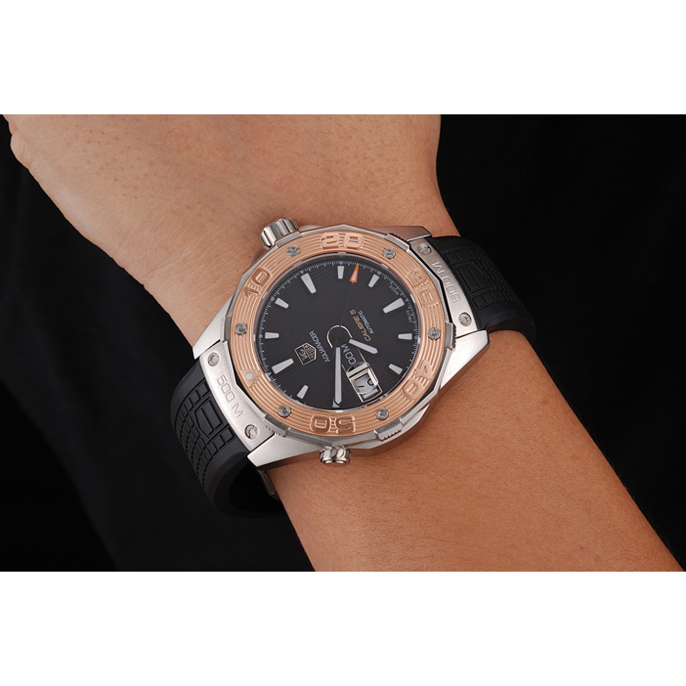 MiroTime Swiss Tag Heuer Aquaracer Calibre 5 Black Dial Gold Bezel Stainless Steel Case Black Rubber Strap