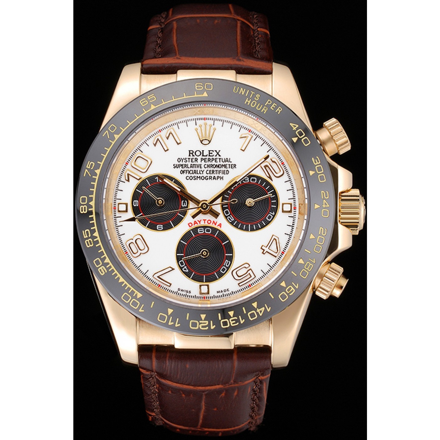 MiroTime Rolex Cosmograph Daytona Gold Case Black Subdials Brown Leather Bracelet 622634