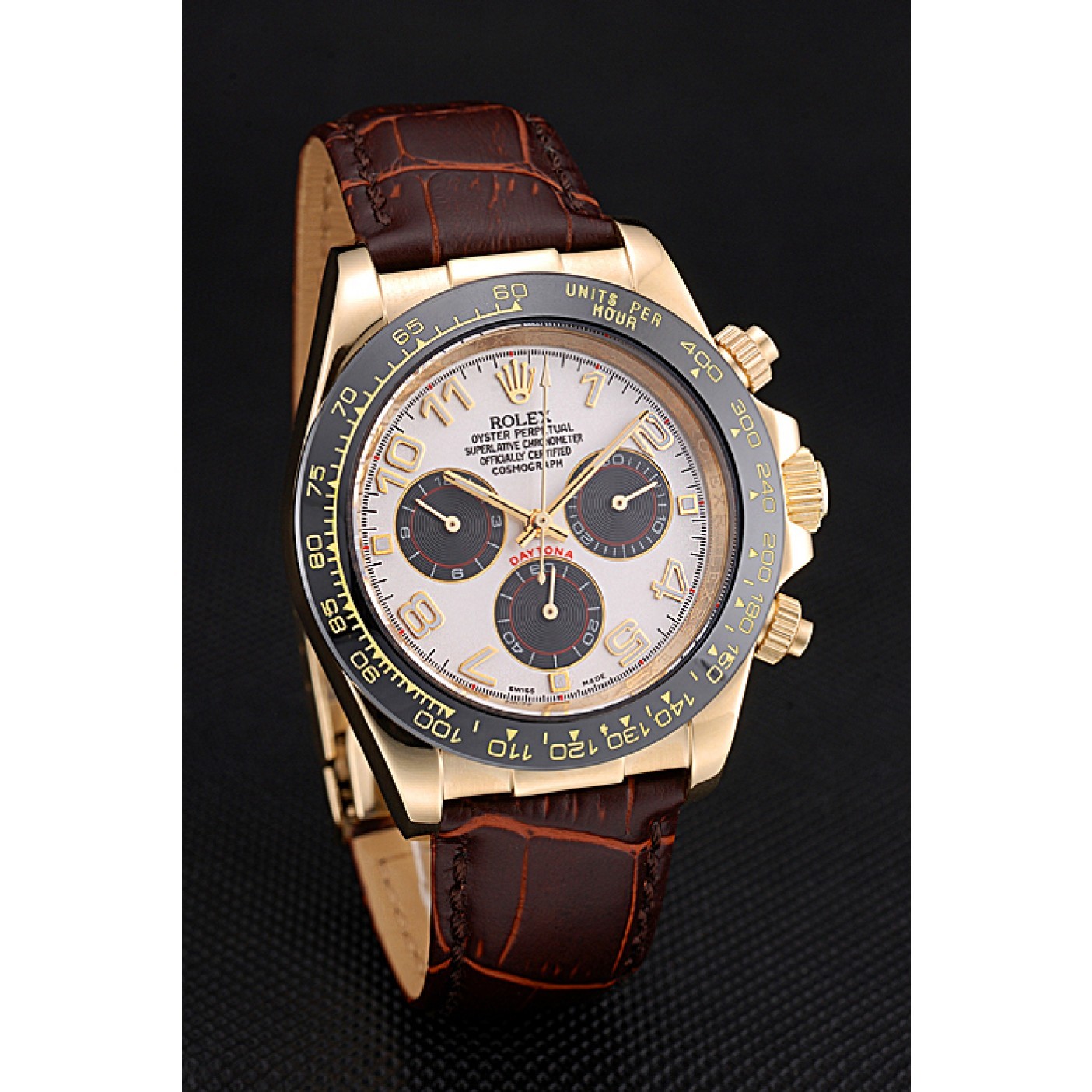 MiroTime Rolex Cosmograph Daytona Gold Case Black Subdials Brown Leather Bracelet 622634