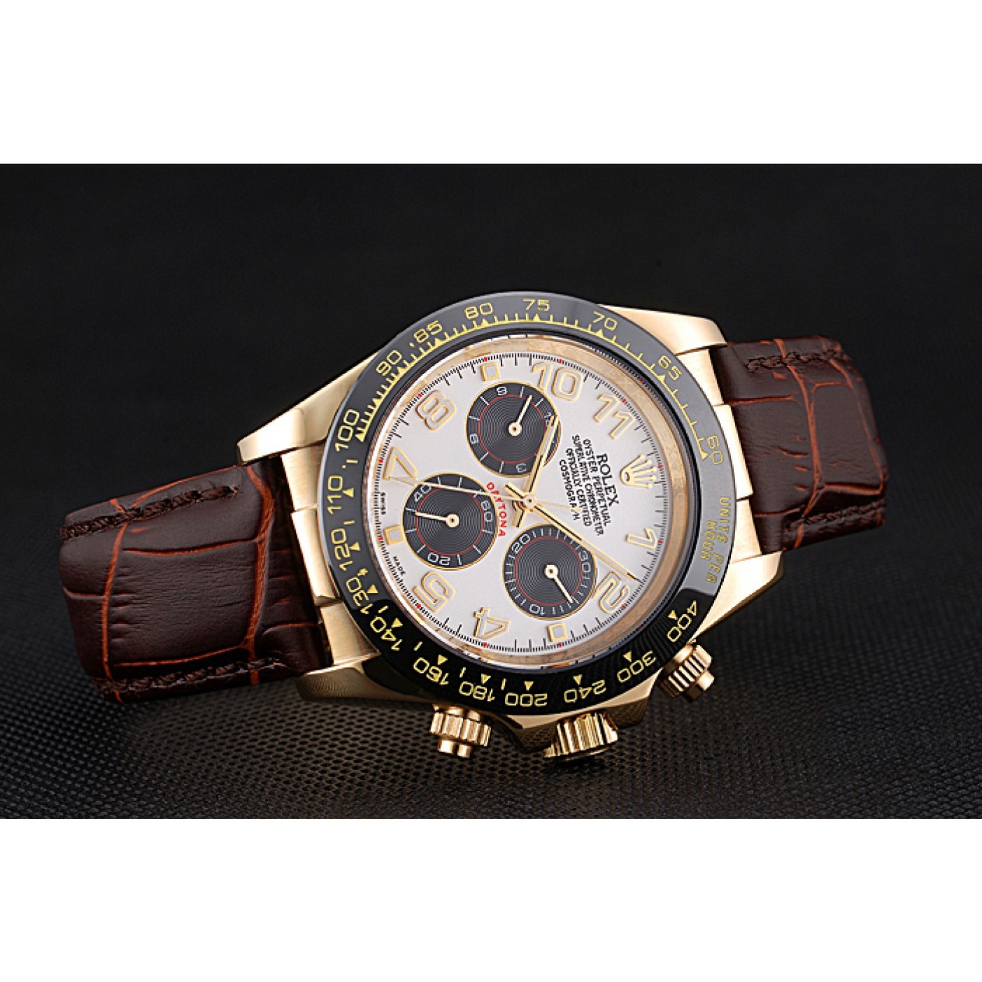 MiroTime Rolex Cosmograph Daytona Gold Case Black Subdials Brown Leather Bracelet 622634