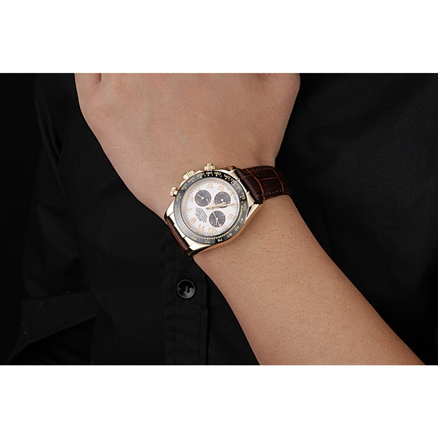 MiroTime Rolex Cosmograph Daytona Gold Case Black Subdials Brown Leather Bracelet 622634