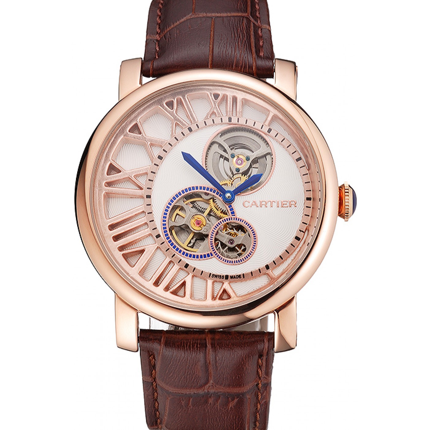 MiroTime Cartier Rotonde De Cartier Flying Tourbillon White Dial Rose Gold Numerals Rose Gold Case Brown Leather Strap