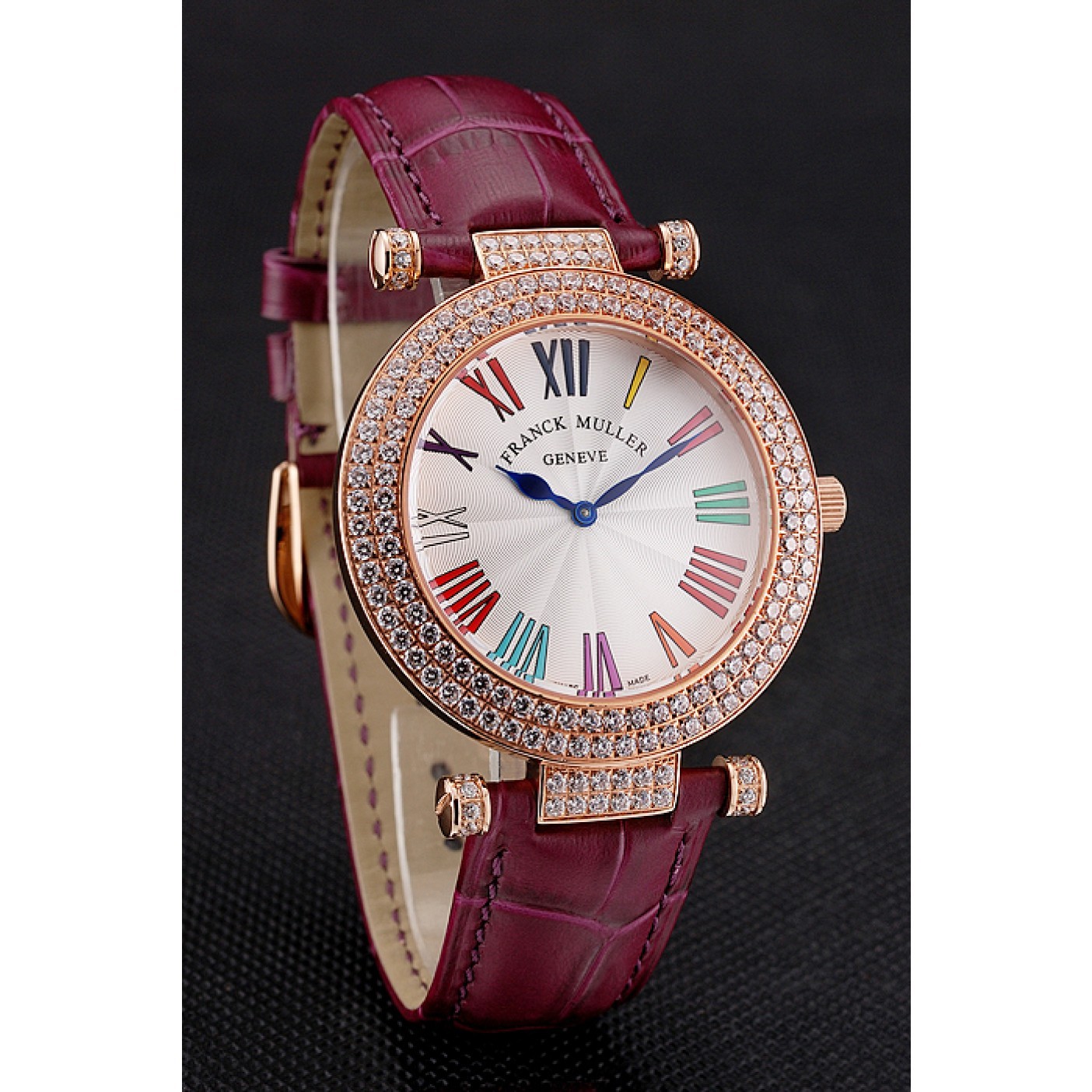 MiroTime Franck Muller Double Mistery Ronde White Dial Rose Gold Case Plum Leather Strap