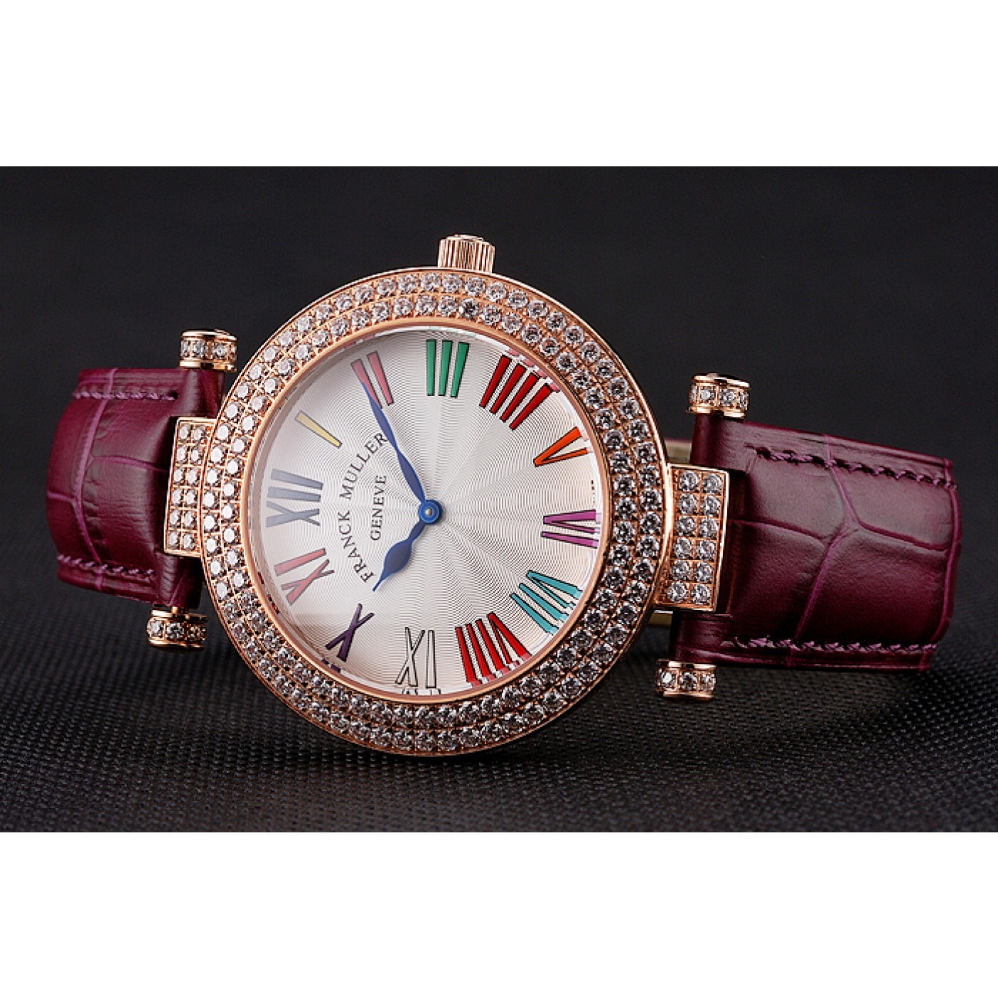 MiroTime Franck Muller Double Mistery Ronde White Dial Rose Gold Case Plum Leather Strap