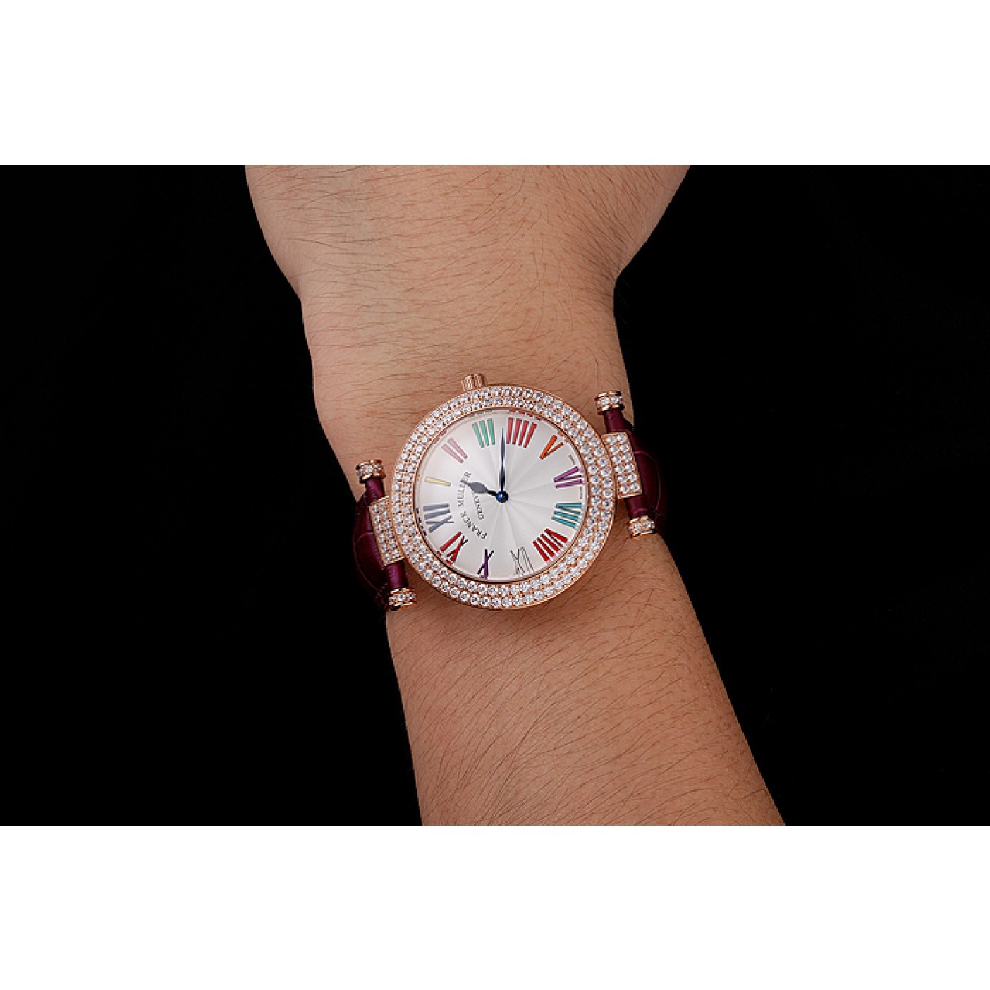 MiroTime Franck Muller Double Mistery Ronde White Dial Rose Gold Case Plum Leather Strap