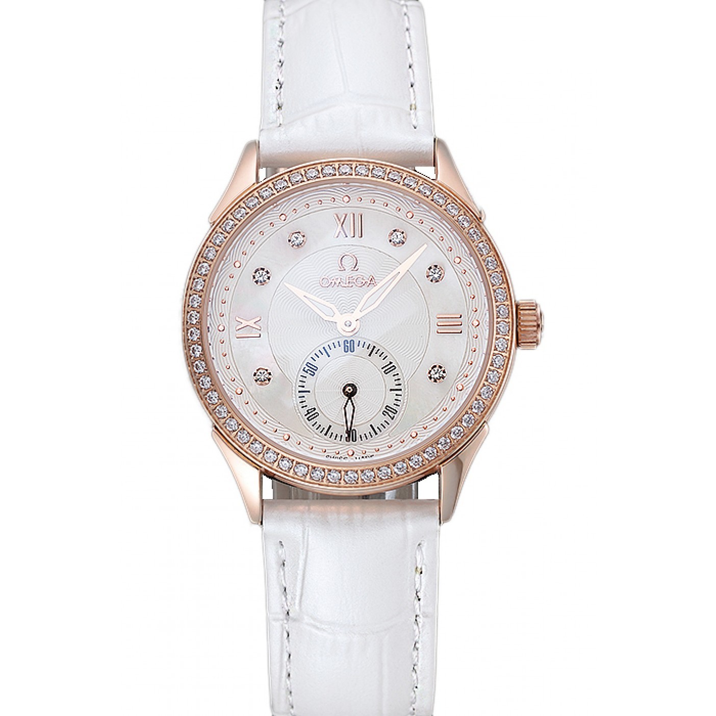 MiroTime Omega DeVille Prestige White Dial Gold Diamond Case White Leather Bracelet 1454122