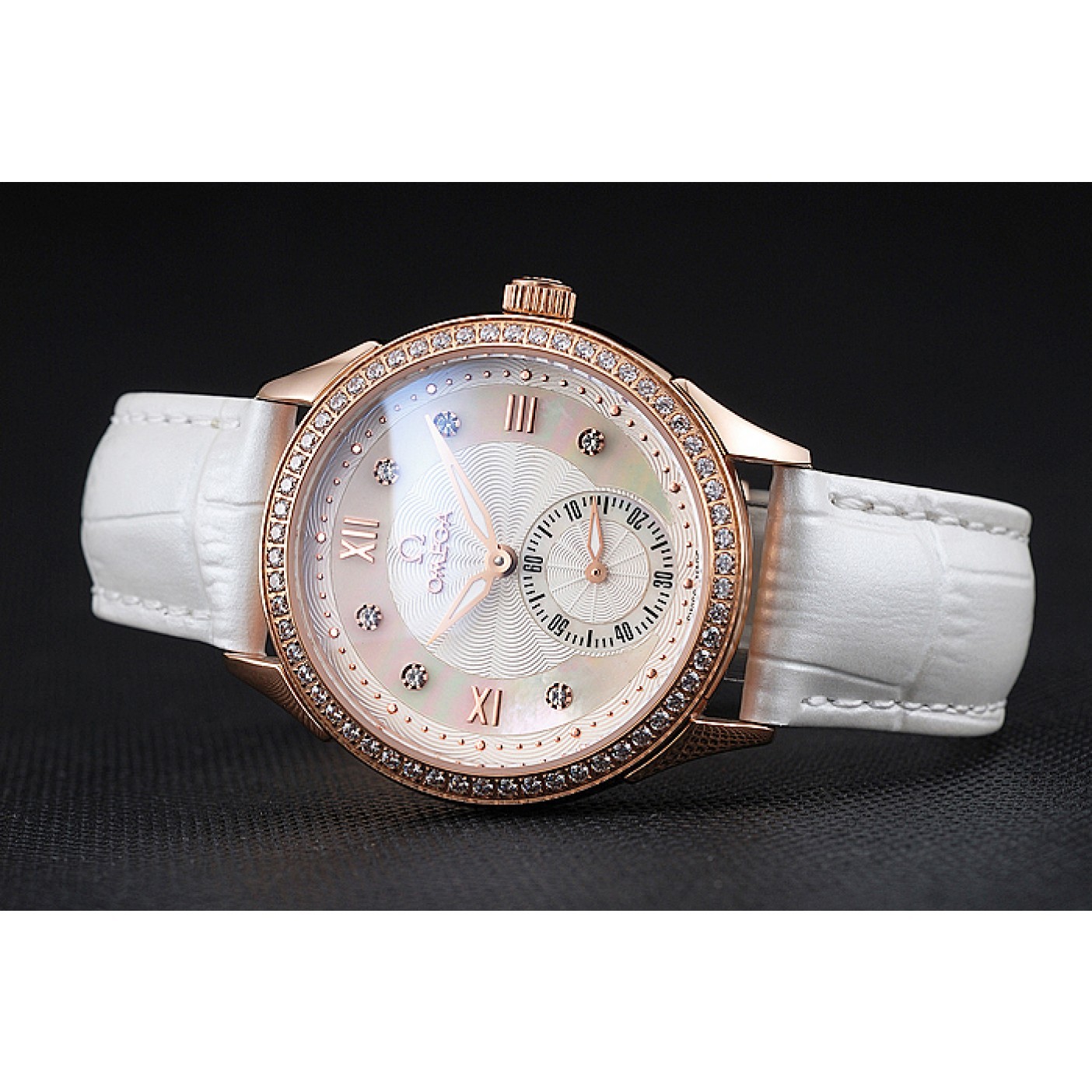 MiroTime Omega DeVille Prestige White Dial Gold Diamond Case White Leather Bracelet 1454122