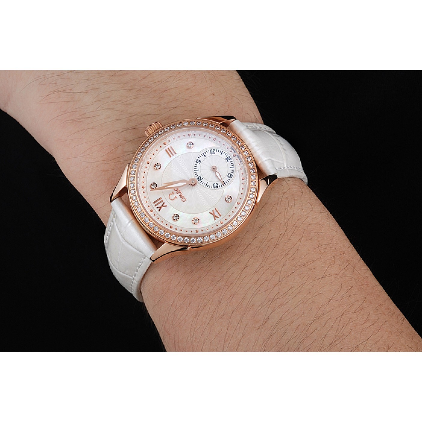 MiroTime Omega DeVille Prestige White Dial Gold Diamond Case White Leather Bracelet 1454122