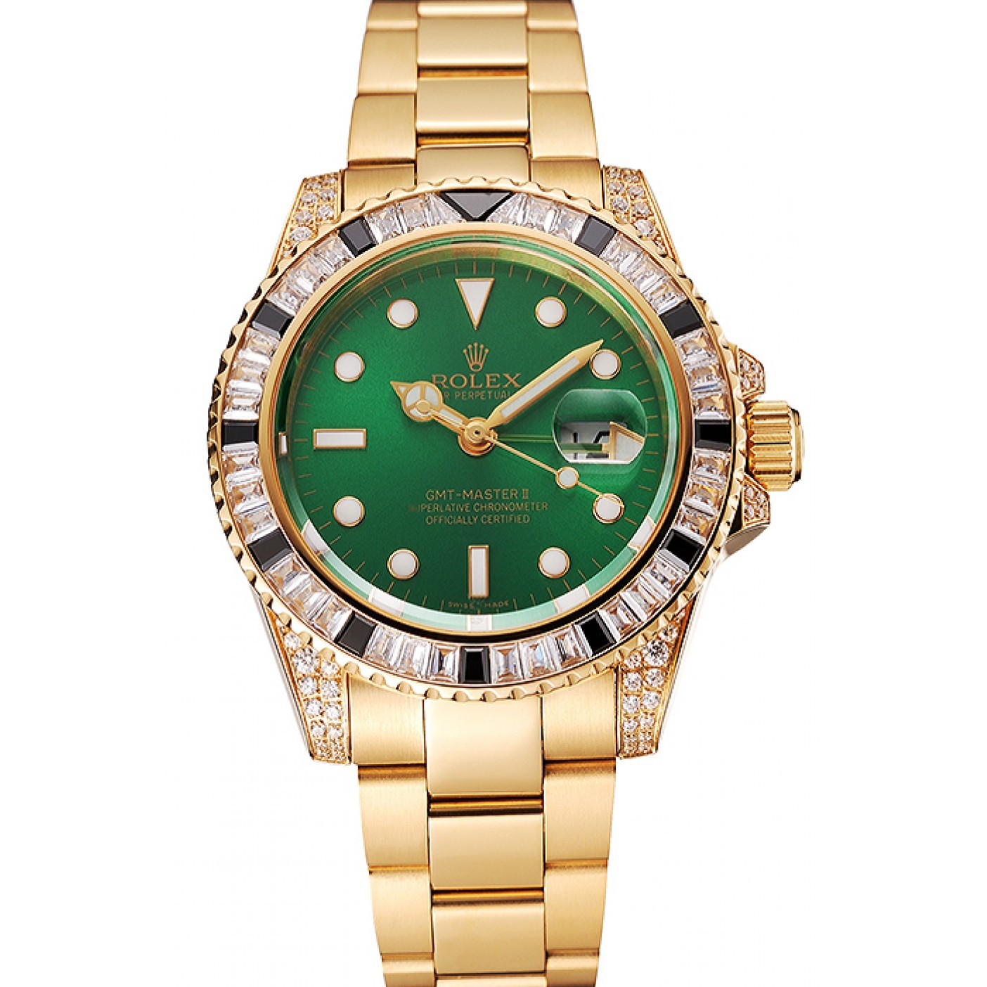 MiroTime Swiss Rolex GMT Master II Green Dial Stone Set Bezel Gold Case And Bracelet 1453748