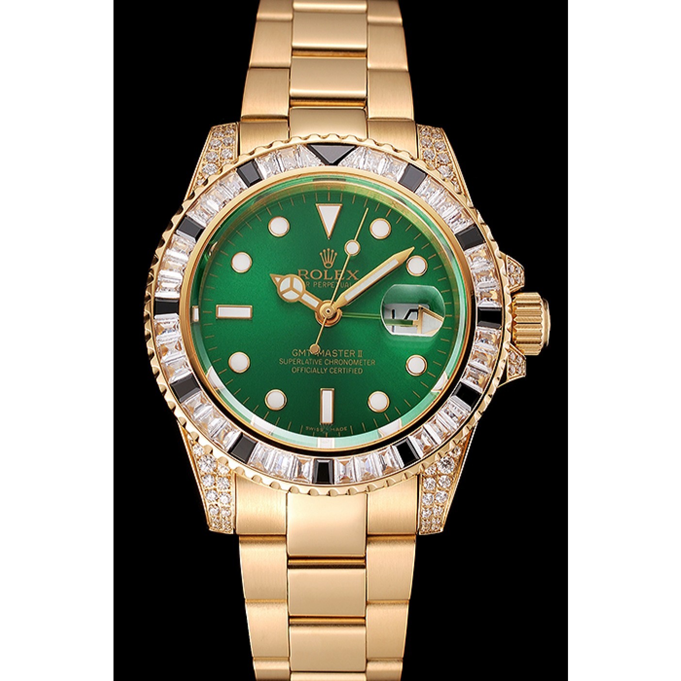 MiroTime Swiss Rolex GMT Master II Green Dial Stone Set Bezel Gold Case And Bracelet 1453748
