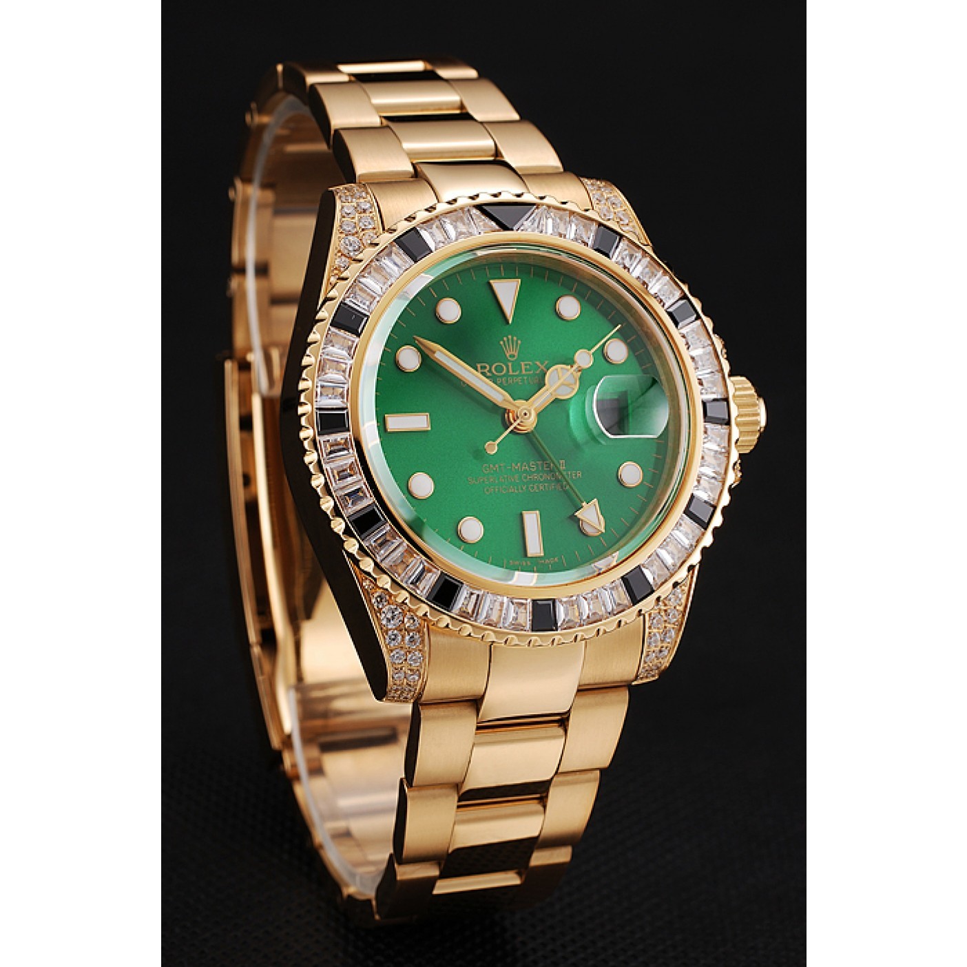 MiroTime Swiss Rolex GMT Master II Green Dial Stone Set Bezel Gold Case And Bracelet 1453748