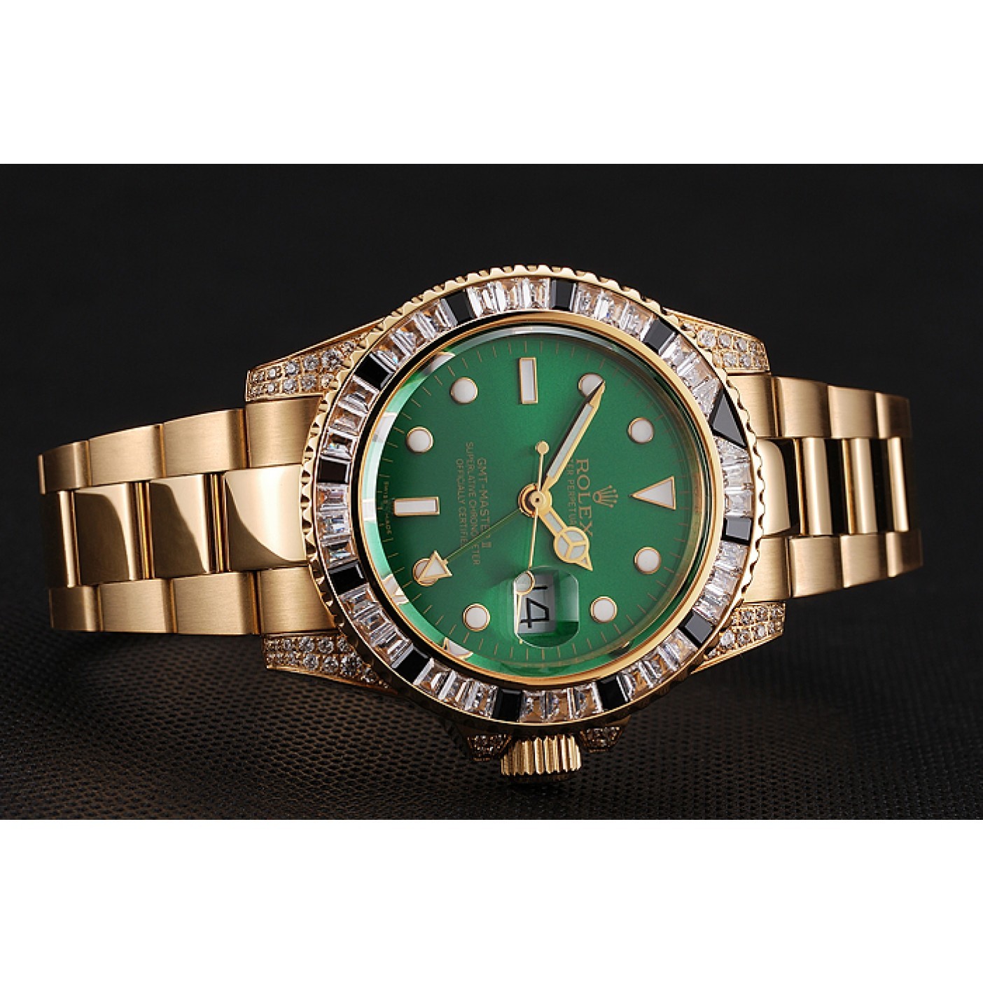 MiroTime Swiss Rolex GMT Master II Green Dial Stone Set Bezel Gold Case And Bracelet 1453748