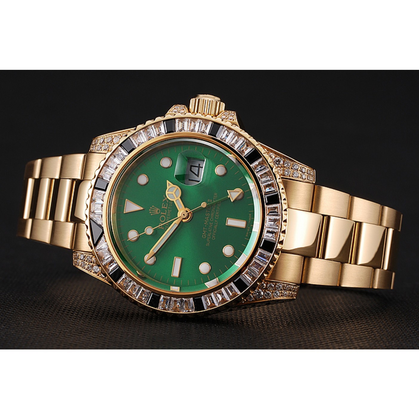 MiroTime Swiss Rolex GMT Master II Green Dial Stone Set Bezel Gold Case And Bracelet 1453748