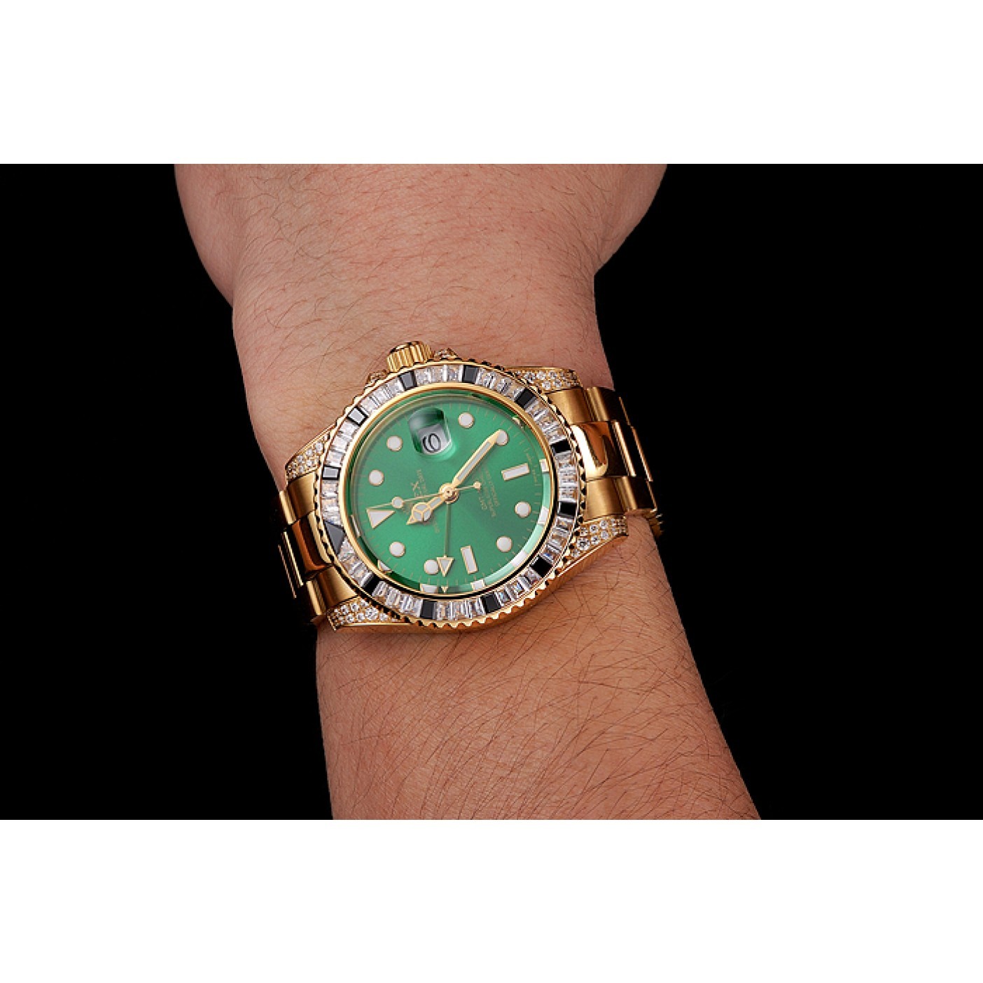 MiroTime Swiss Rolex GMT Master II Green Dial Stone Set Bezel Gold Case And Bracelet 1453748