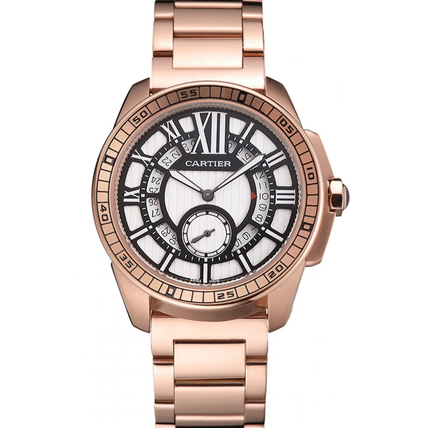 MiroTime Cartier Calibre De Cartier Small Seconds Black And White Dial Rose Gold Case And Bracelet