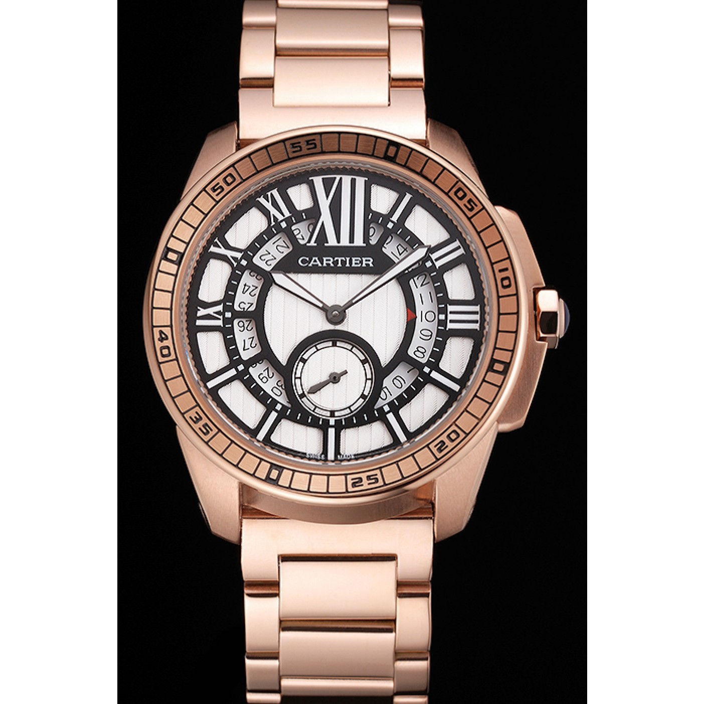 MiroTime Cartier Calibre De Cartier Small Seconds Black And White Dial Rose Gold Case And Bracelet