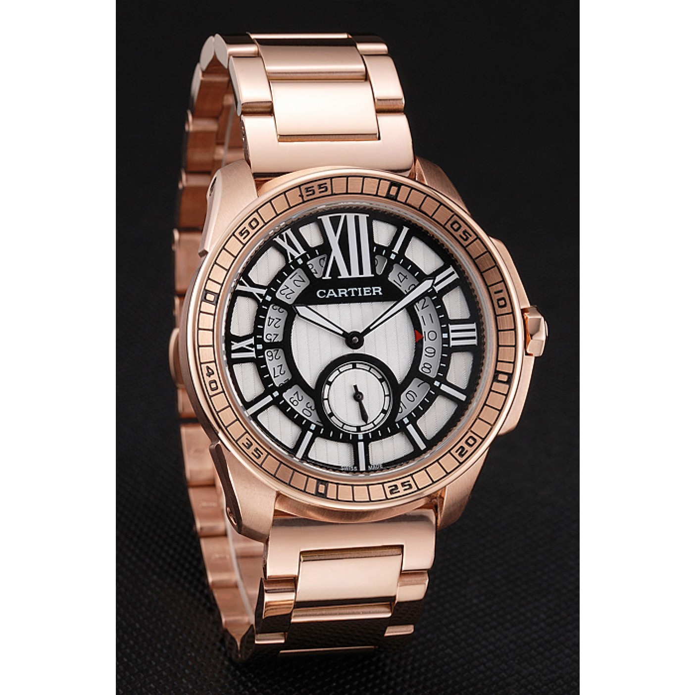 MiroTime Cartier Calibre De Cartier Small Seconds Black And White Dial Rose Gold Case And Bracelet