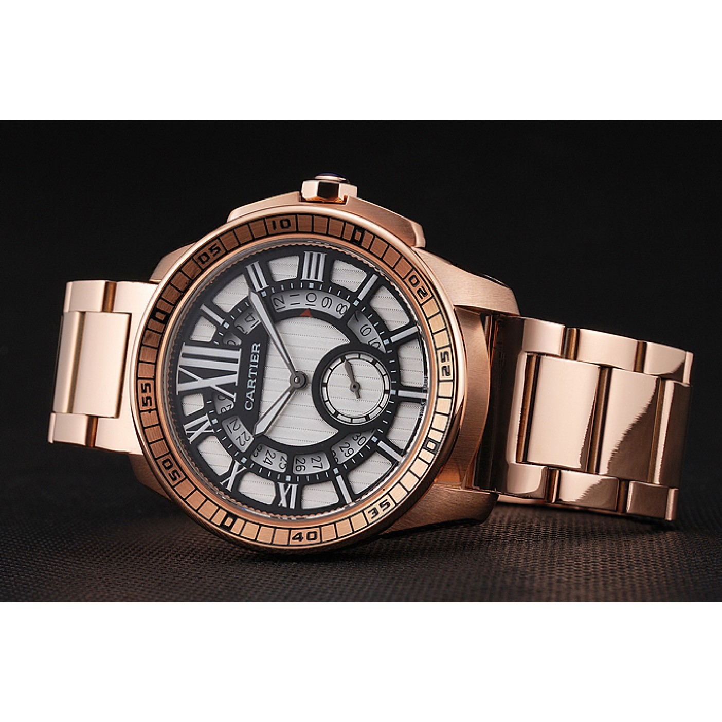 MiroTime Cartier Calibre De Cartier Small Seconds Black And White Dial Rose Gold Case And Bracelet