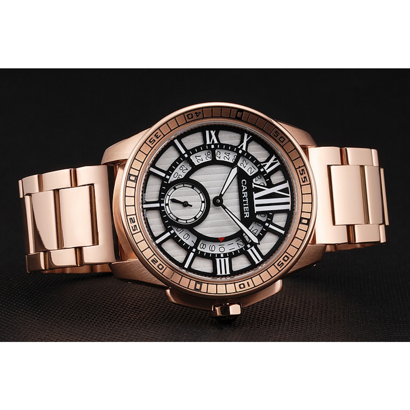 MiroTime Cartier Calibre De Cartier Small Seconds Black And White Dial Rose Gold Case And Bracelet