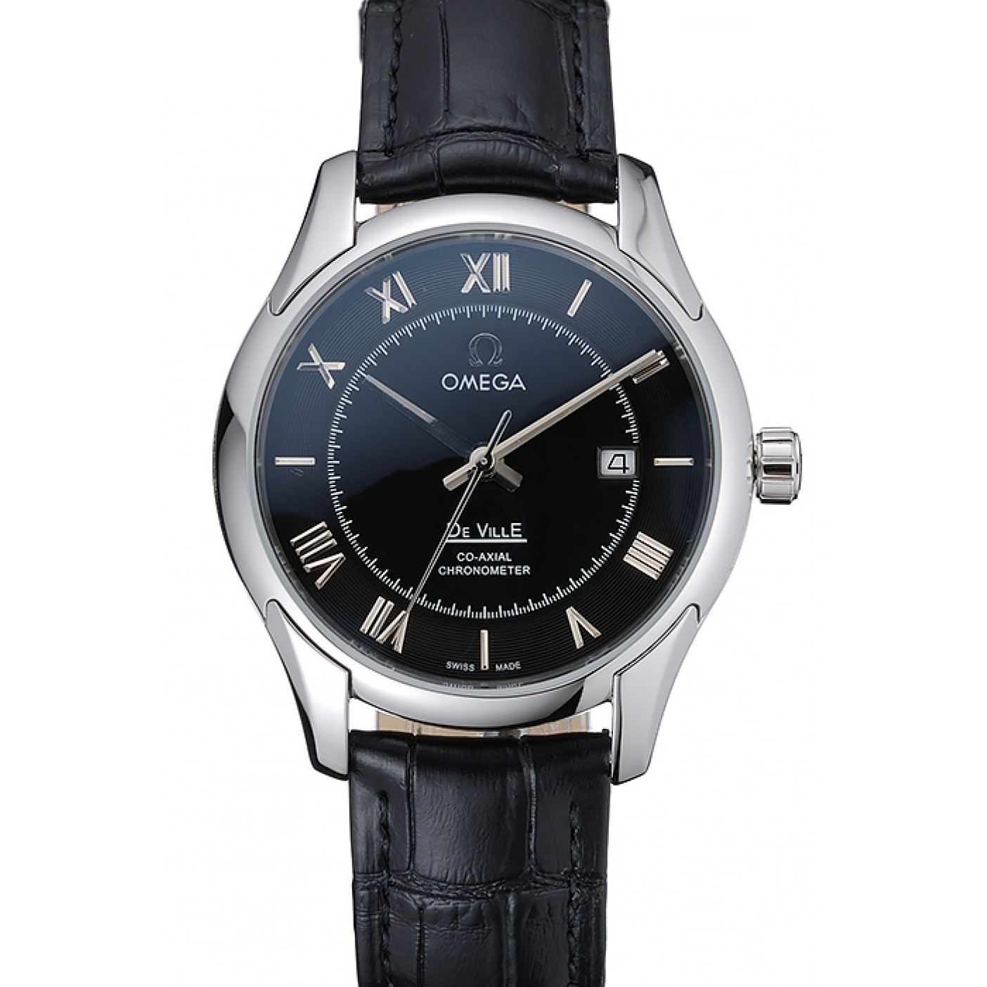 MiroTime Omega DeVille Black Dial Stainless Steel Case Black Leather Strap 622829