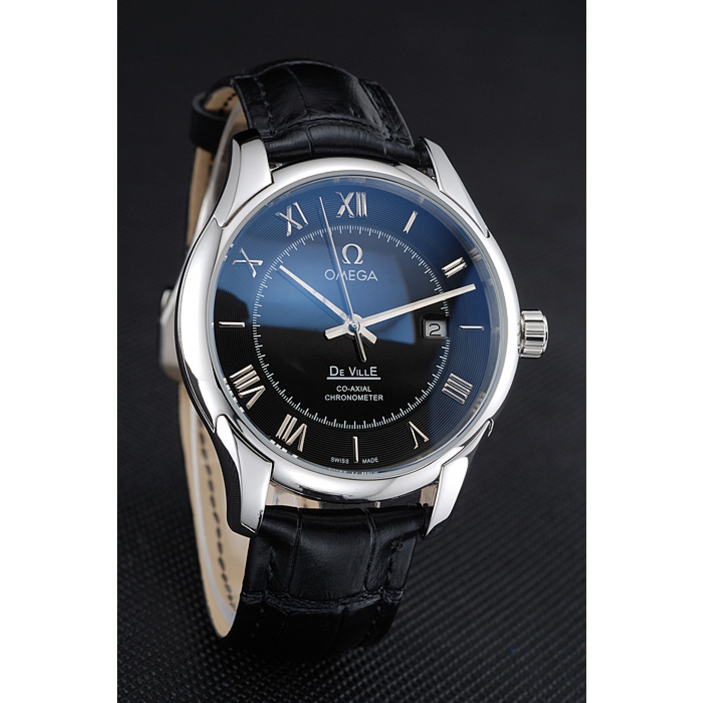 MiroTime Omega DeVille Black Dial Stainless Steel Case Black Leather Strap 622829