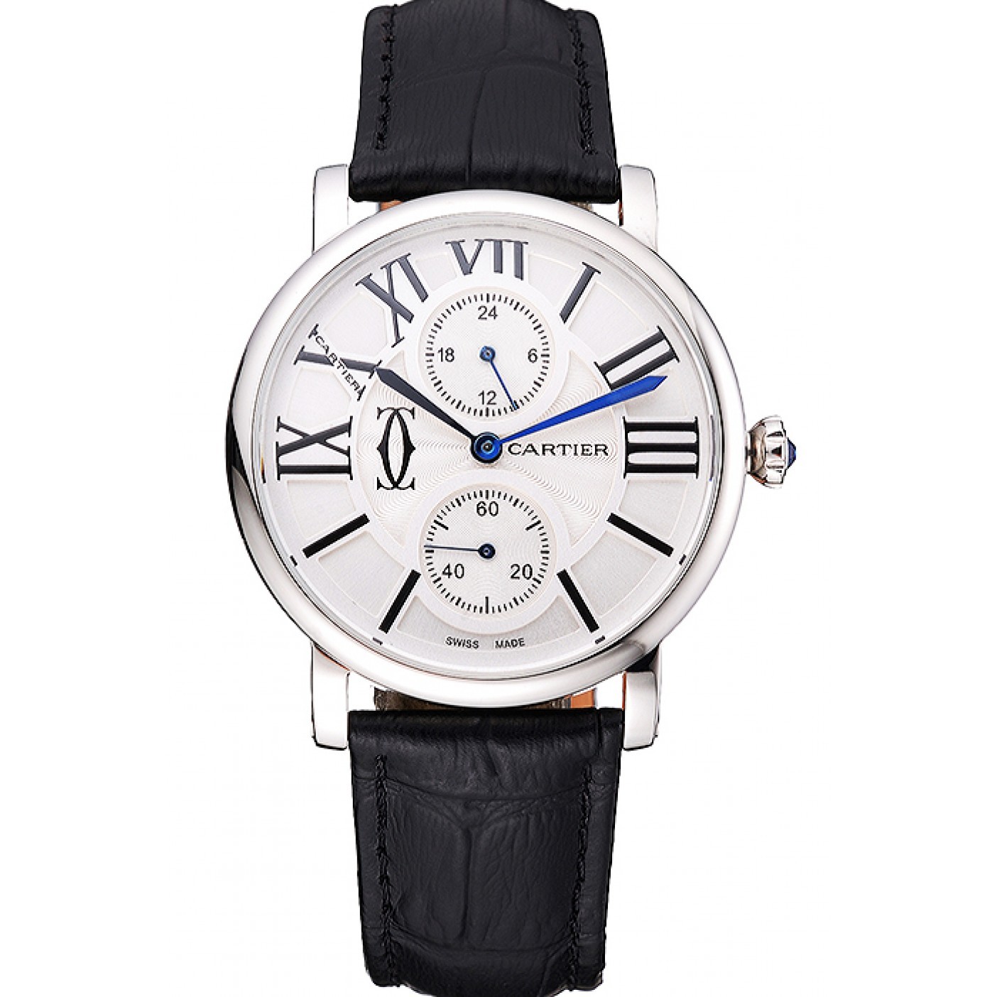 MiroTime Cartier Ronde Second Time Zone White Dial Stainless Steel Case Black Leather Strap 622798