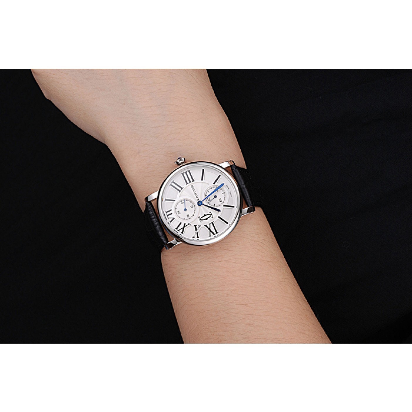 MiroTime Cartier Ronde Second Time Zone White Dial Stainless Steel Case Black Leather Strap 622798