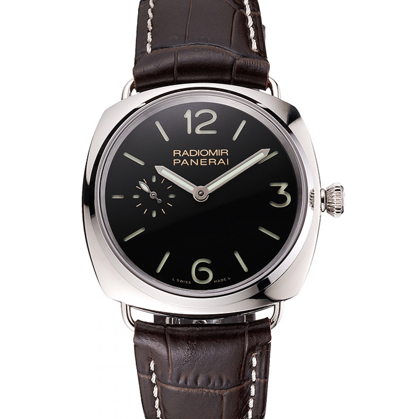 MiroTime Swiss Panerai Radiomir Black Dial Stainless Steel Case Dark Brown Leather Strap