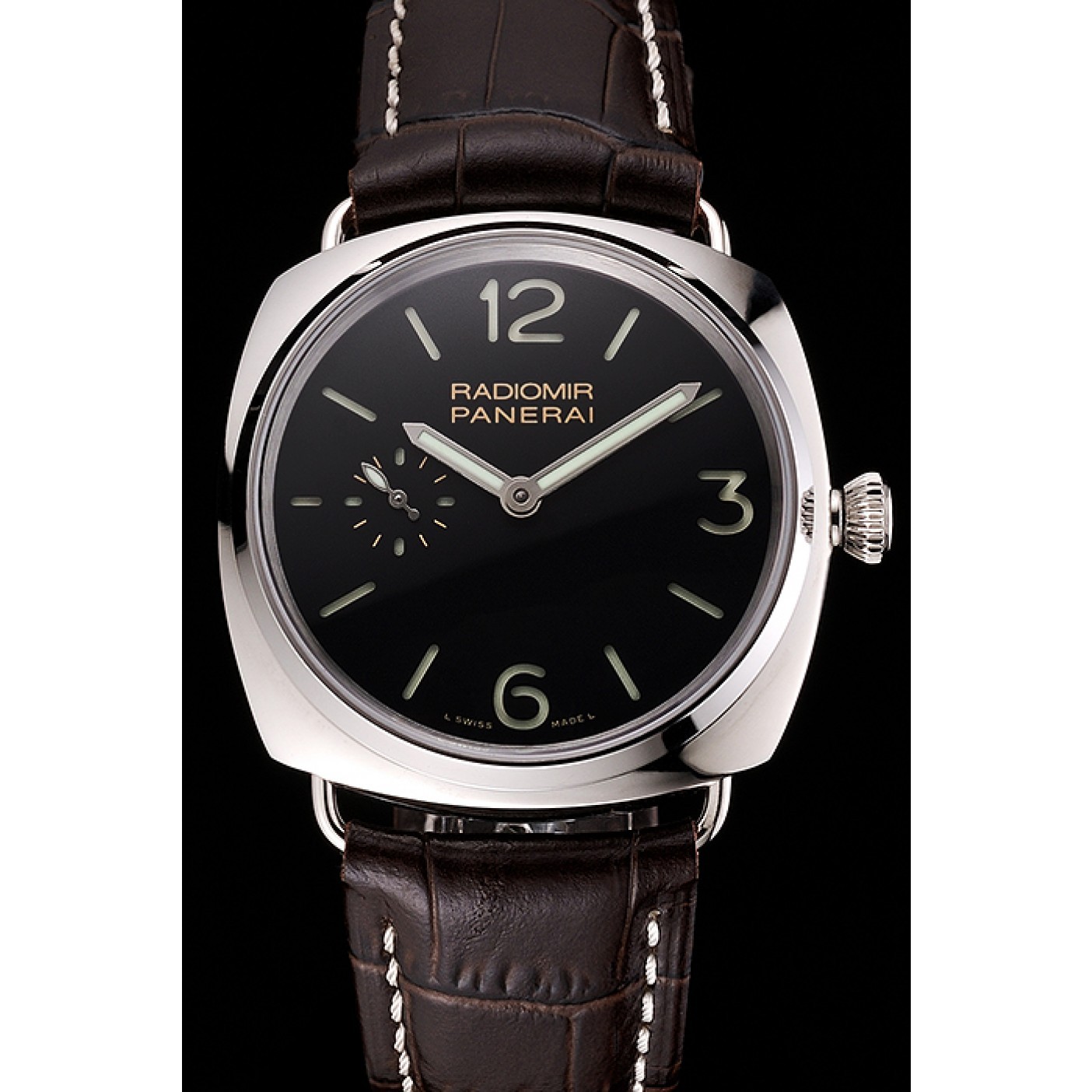 MiroTime Swiss Panerai Radiomir Black Dial Stainless Steel Case Dark Brown Leather Strap
