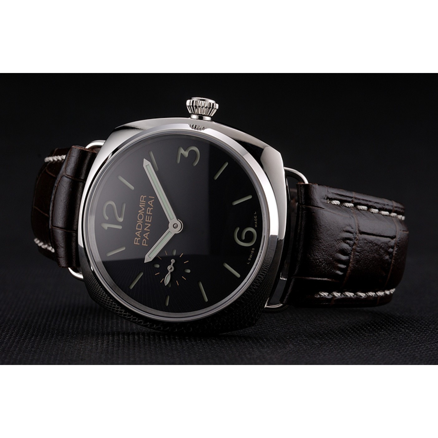 MiroTime Swiss Panerai Radiomir Black Dial Stainless Steel Case Dark Brown Leather Strap