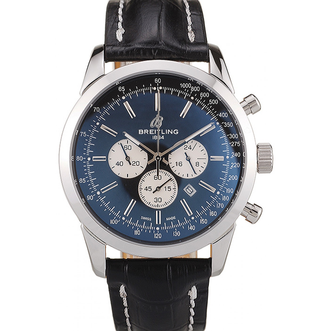 MiroTime Breitling Transocean Black Dial Black Leather Strap Polished Stainless Steel Bezel