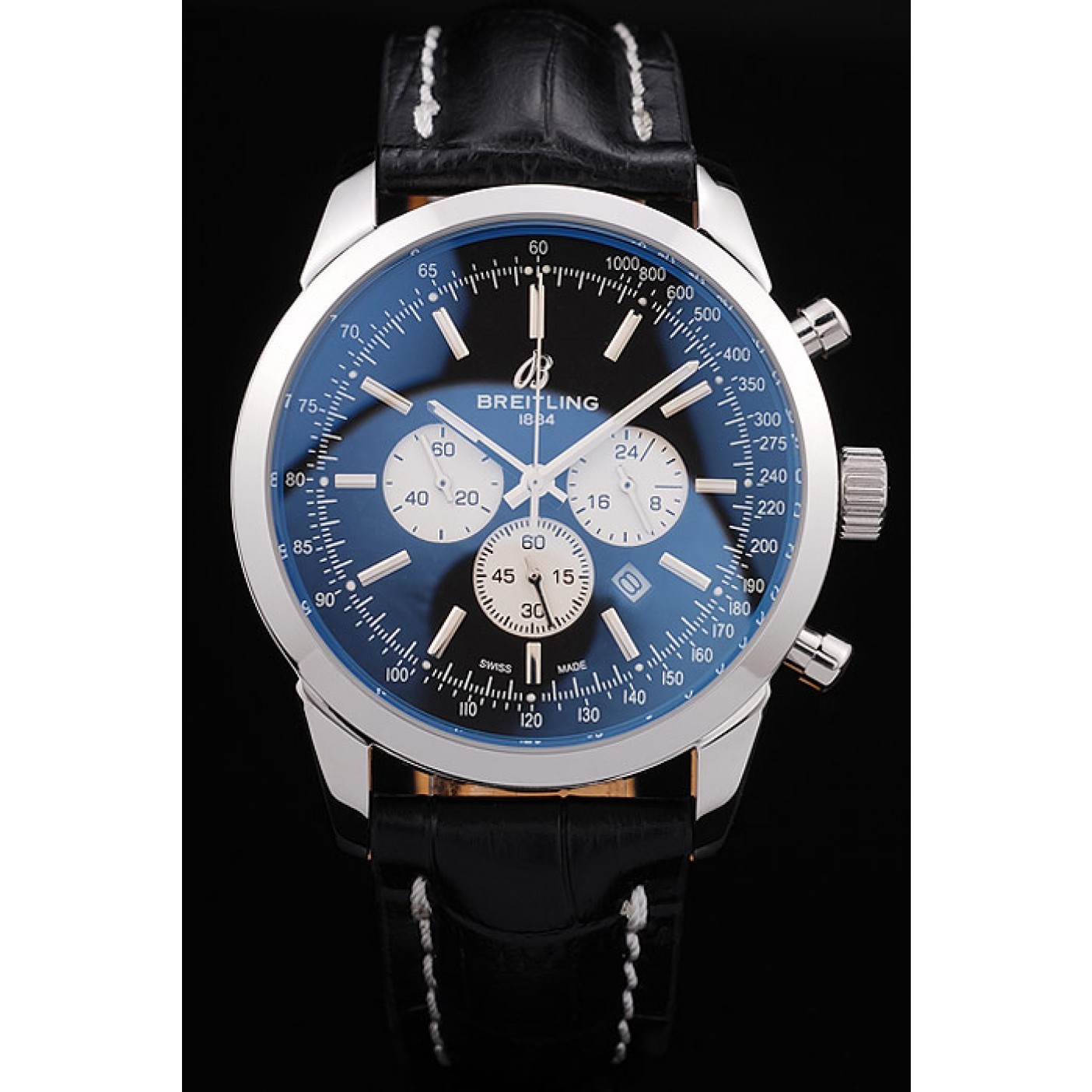 MiroTime Breitling Transocean Black Dial Black Leather Strap Polished Stainless Steel Bezel