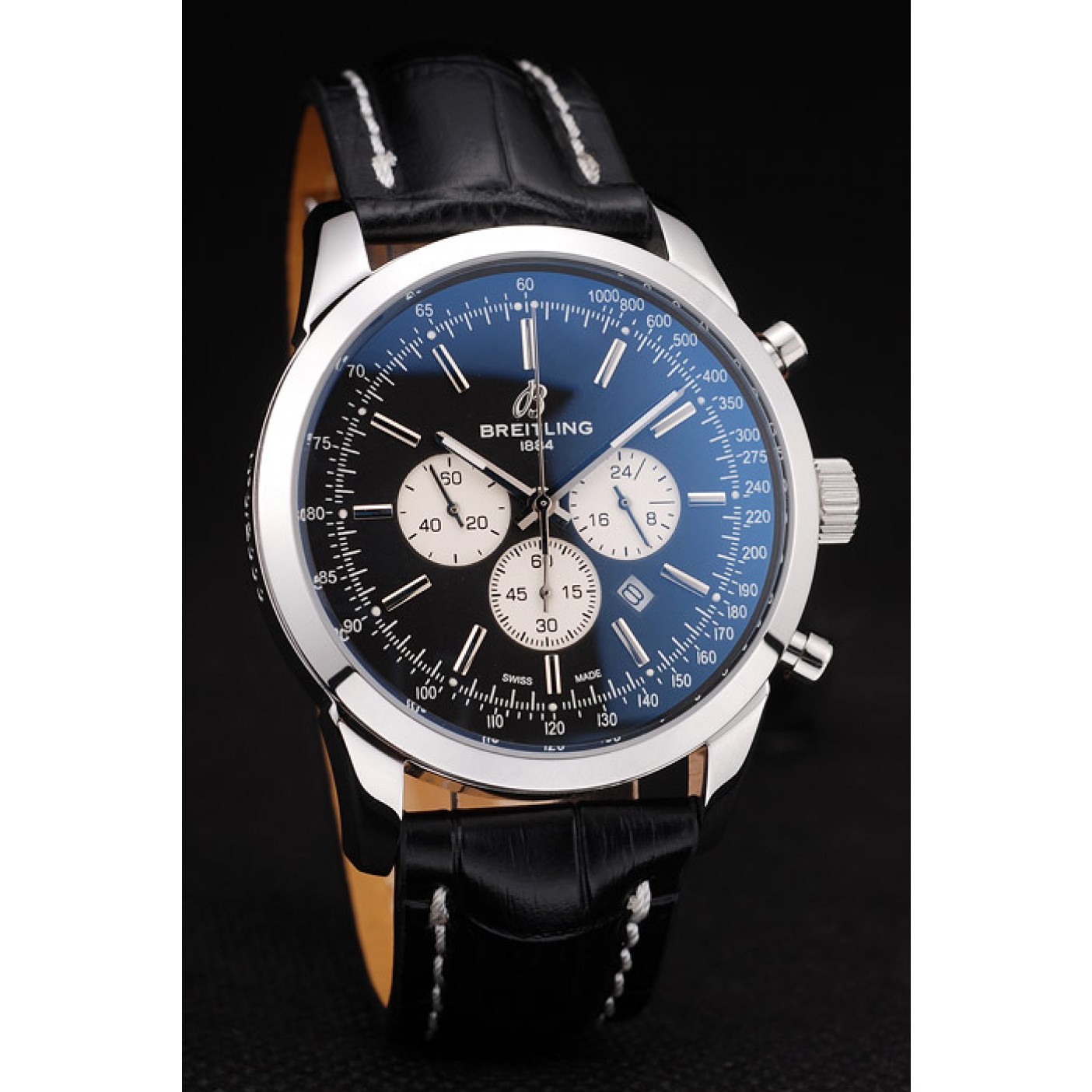 MiroTime Breitling Transocean Black Dial Black Leather Strap Polished Stainless Steel Bezel