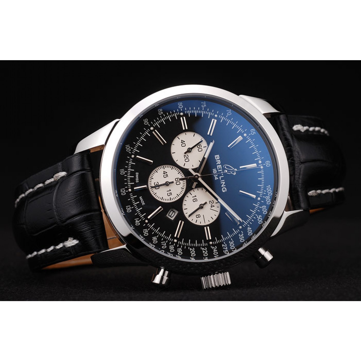 MiroTime Breitling Transocean Black Dial Black Leather Strap Polished Stainless Steel Bezel