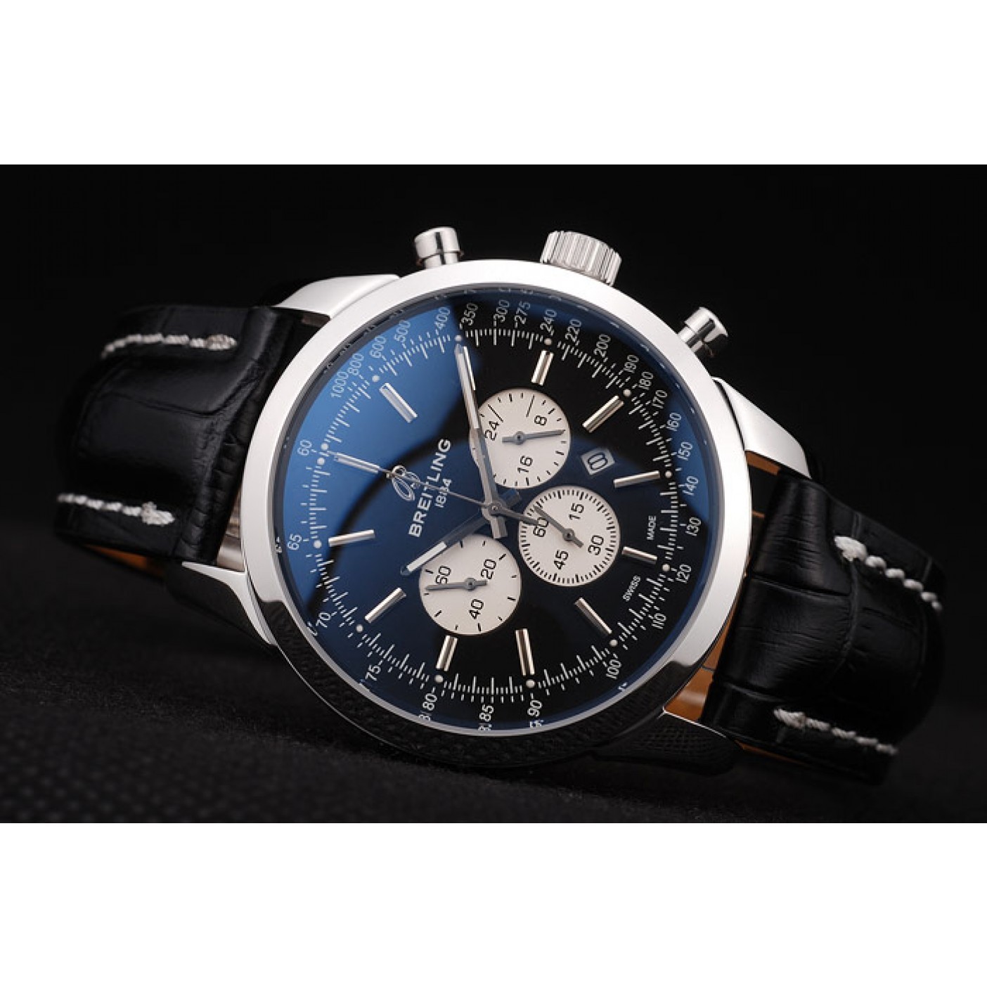 MiroTime Breitling Transocean Black Dial Black Leather Strap Polished Stainless Steel Bezel