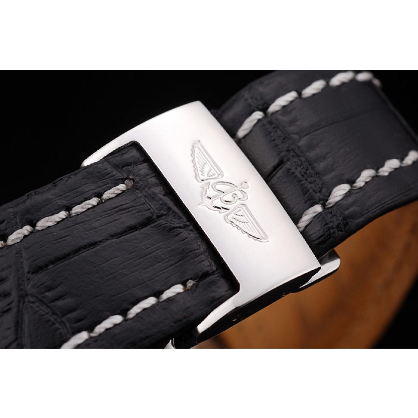 MiroTime Breitling Transocean Black Dial Black Leather Strap Polished Stainless Steel Bezel