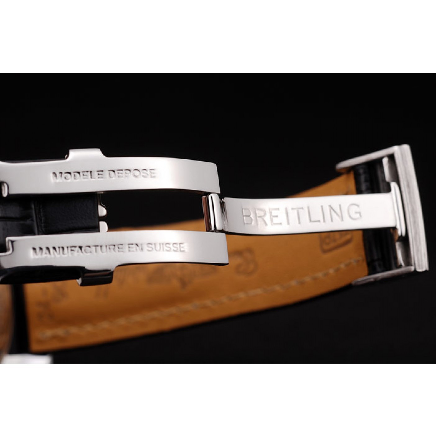 MiroTime Breitling Transocean Black Dial Black Leather Strap Polished Stainless Steel Bezel
