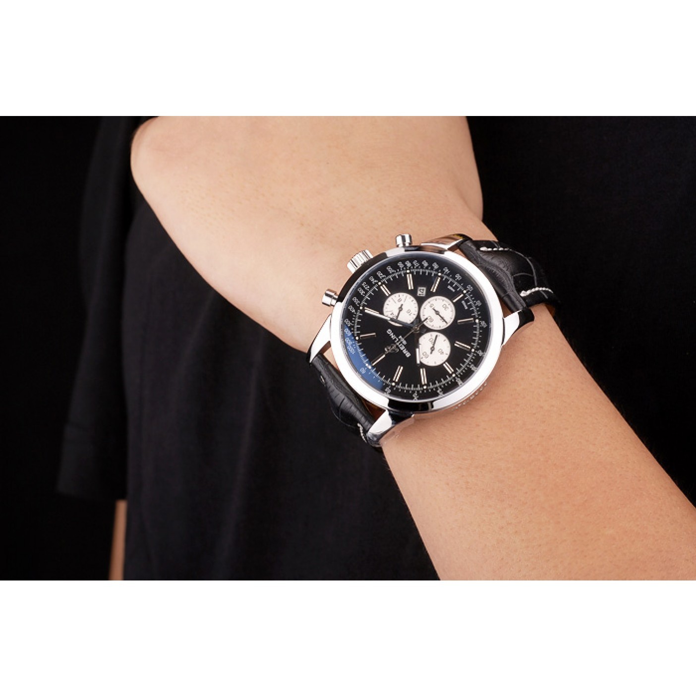 MiroTime Breitling Transocean Black Dial Black Leather Strap Polished Stainless Steel Bezel