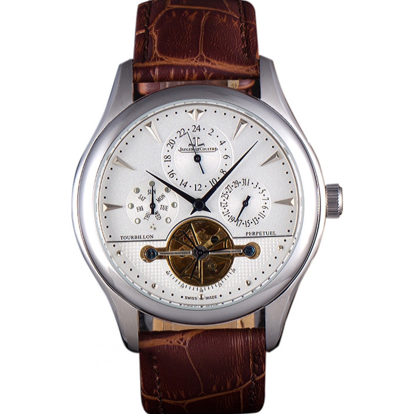 MiroTime Jaeger Lecoultre Tourbillon Perpetuel Silver Bezel Brown Leather Band 621617