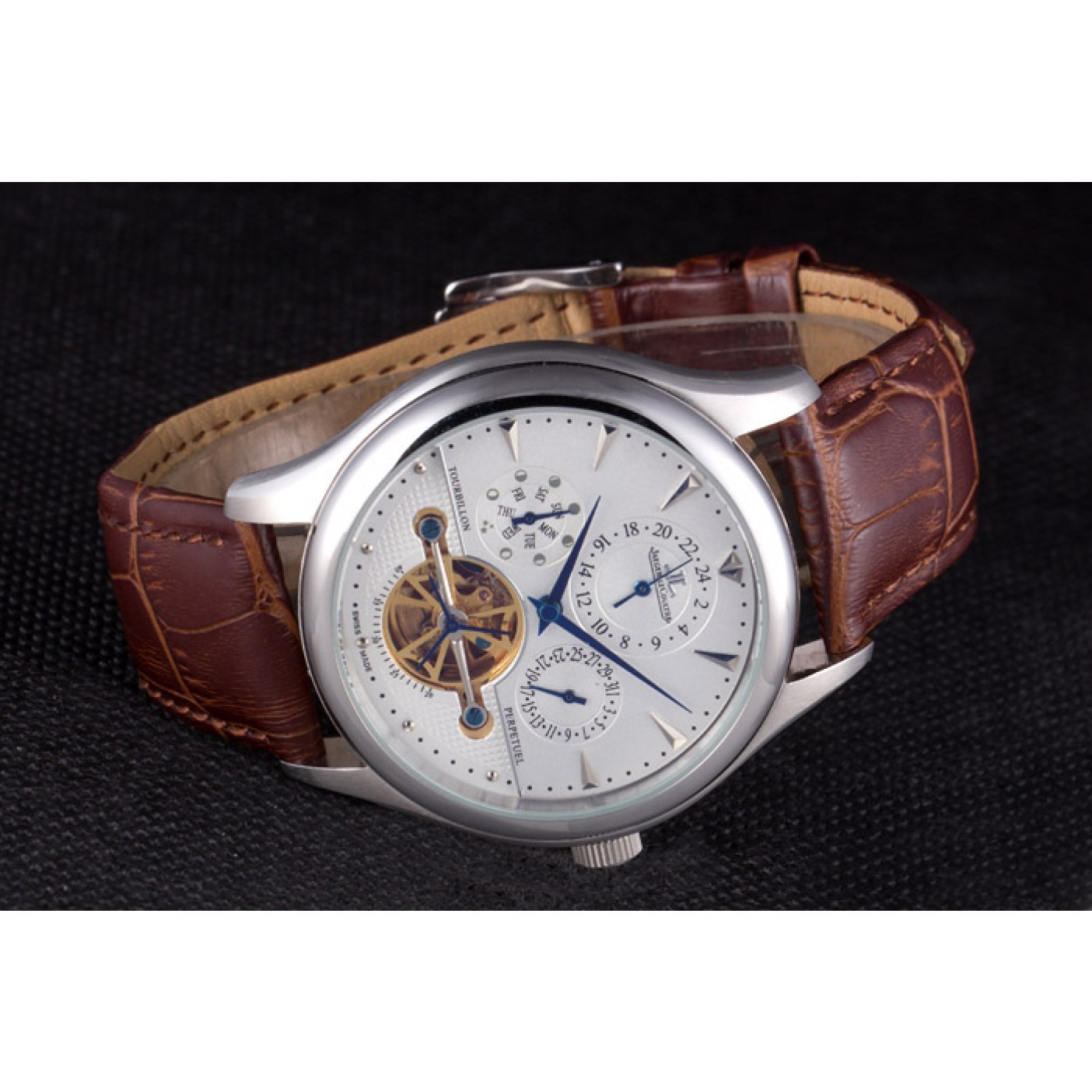 MiroTime Jaeger Lecoultre Tourbillon Perpetuel Silver Bezel Brown Leather Band 621617