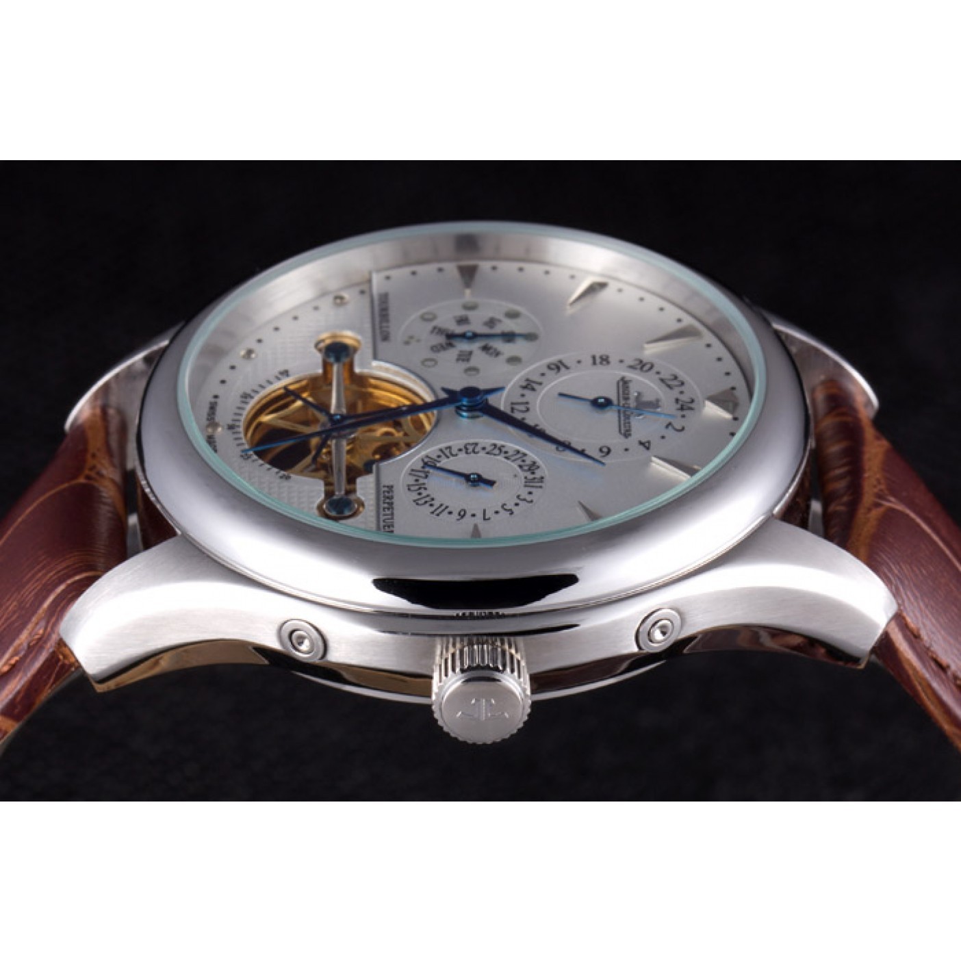 MiroTime Jaeger Lecoultre Tourbillon Perpetuel Silver Bezel Brown Leather Band 621617