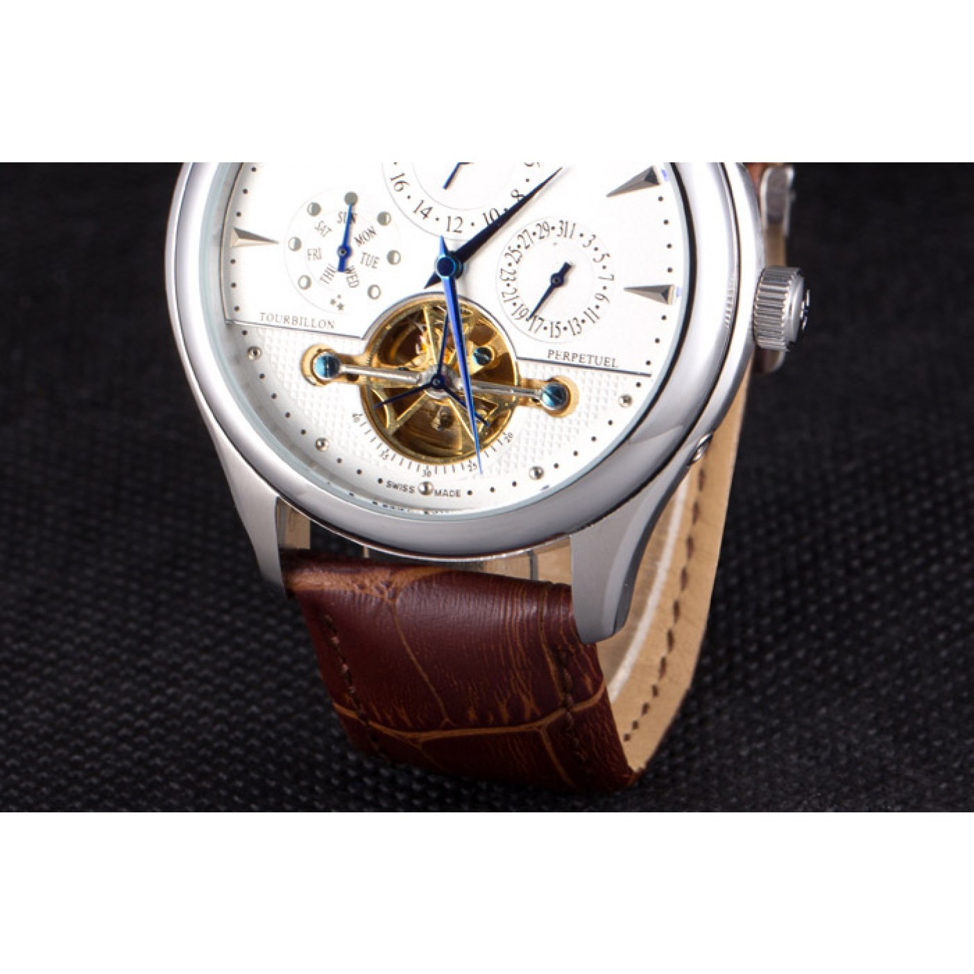 MiroTime Jaeger Lecoultre Tourbillon Perpetuel Silver Bezel Brown Leather Band 621617