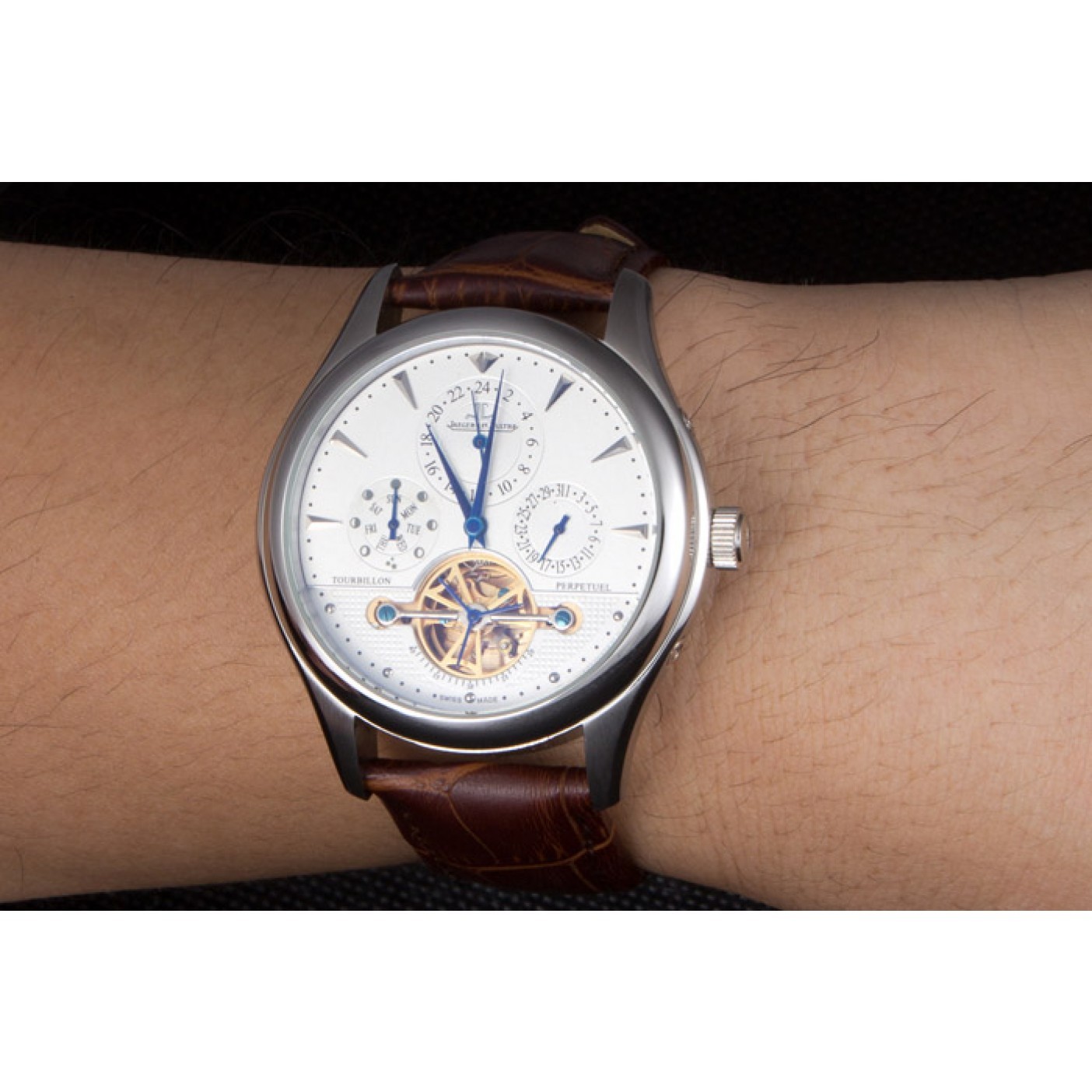 MiroTime Jaeger Lecoultre Tourbillon Perpetuel Silver Bezel Brown Leather Band 621617