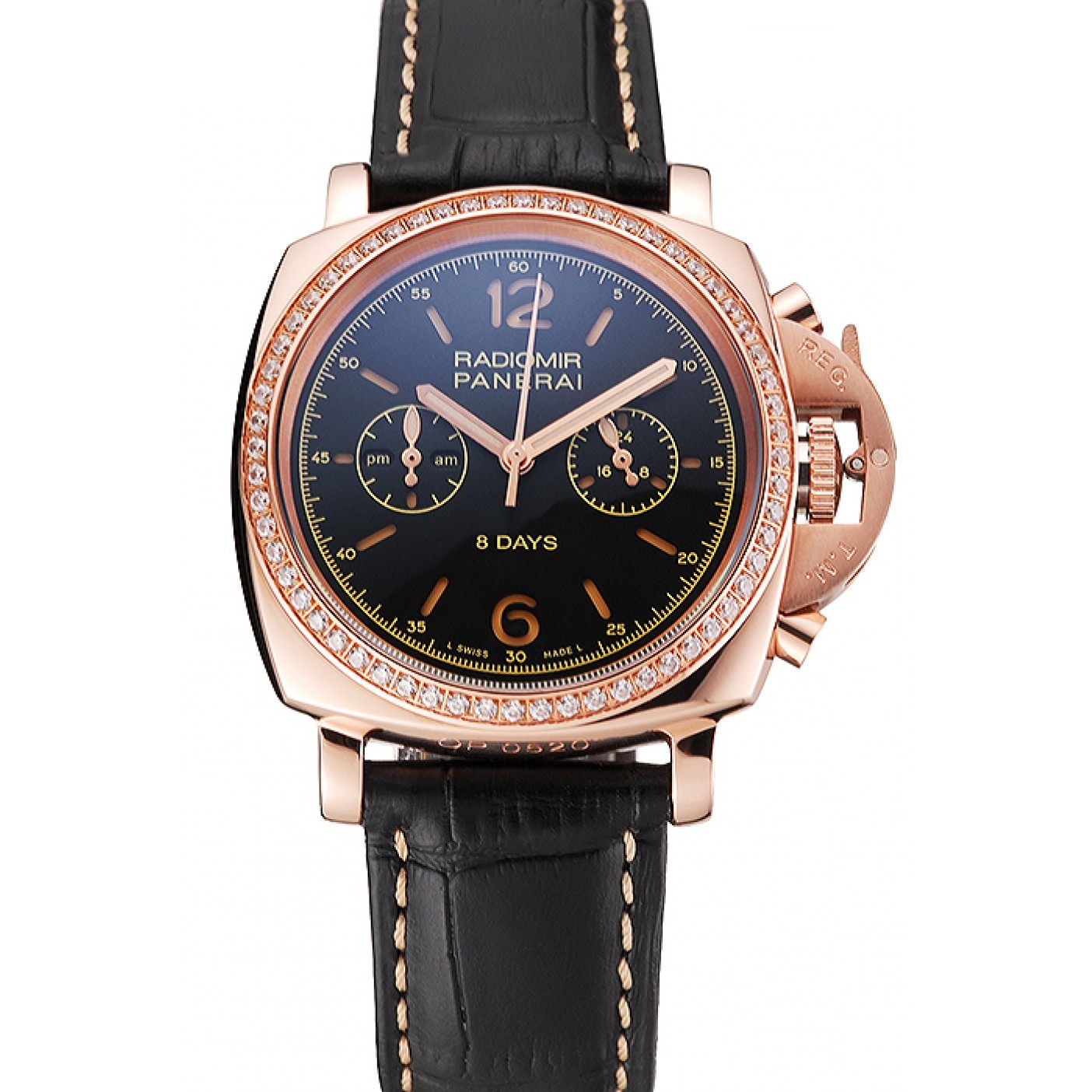 MiroTime Panerai Radiomir 8 Days Chronograph Black Dial Diamond Bezel Rose Gold Case Black Leather Strap 1453798