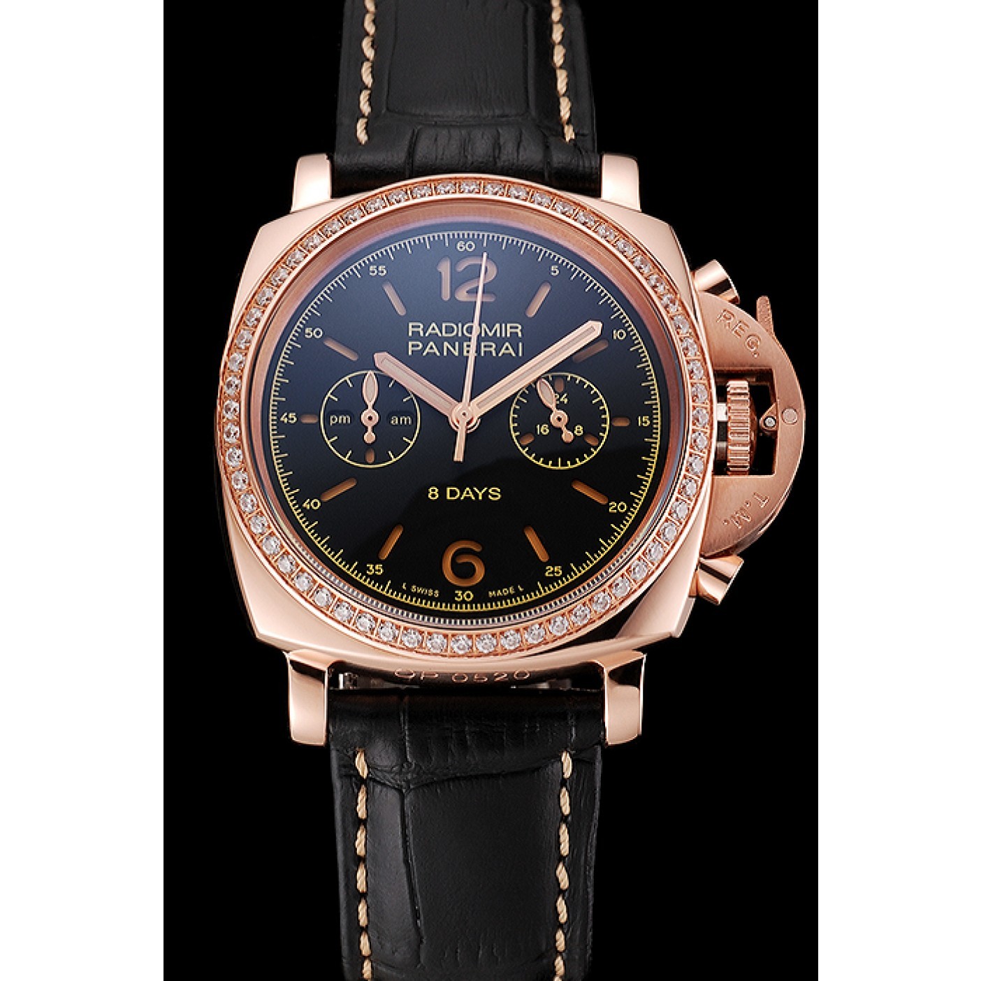 MiroTime Panerai Radiomir 8 Days Chronograph Black Dial Diamond Bezel Rose Gold Case Black Leather Strap 1453798
